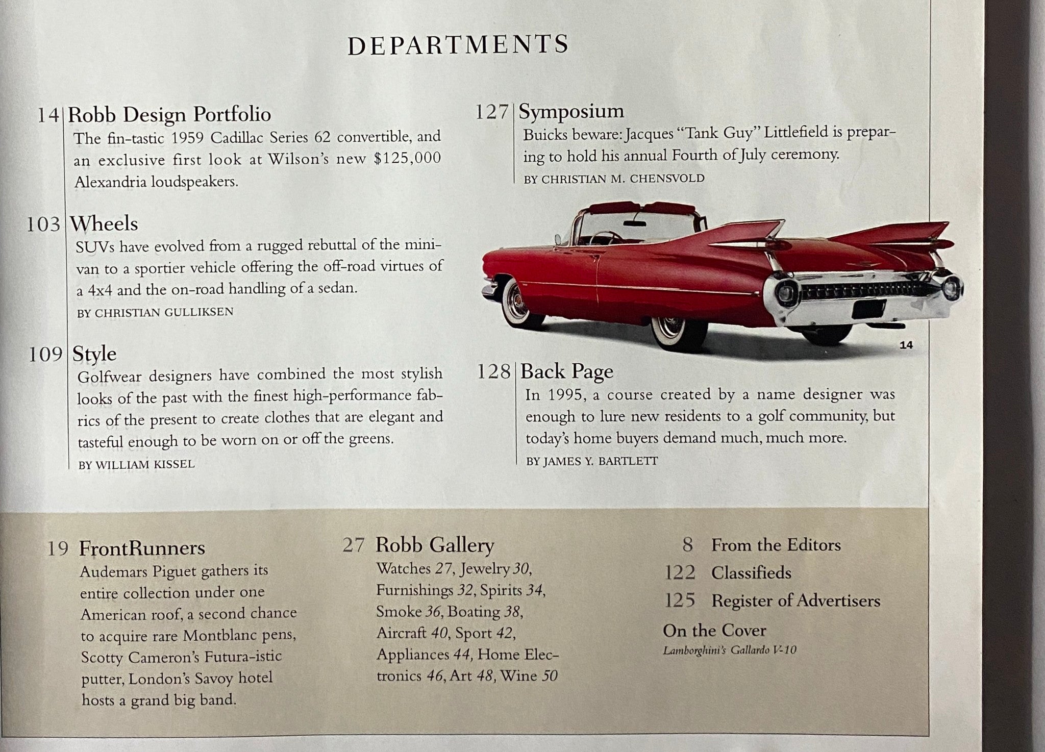 Interior page of Robb Report Car Magazine July 2003 displaying various automotive departments and articles related to luxury vehicles and design.