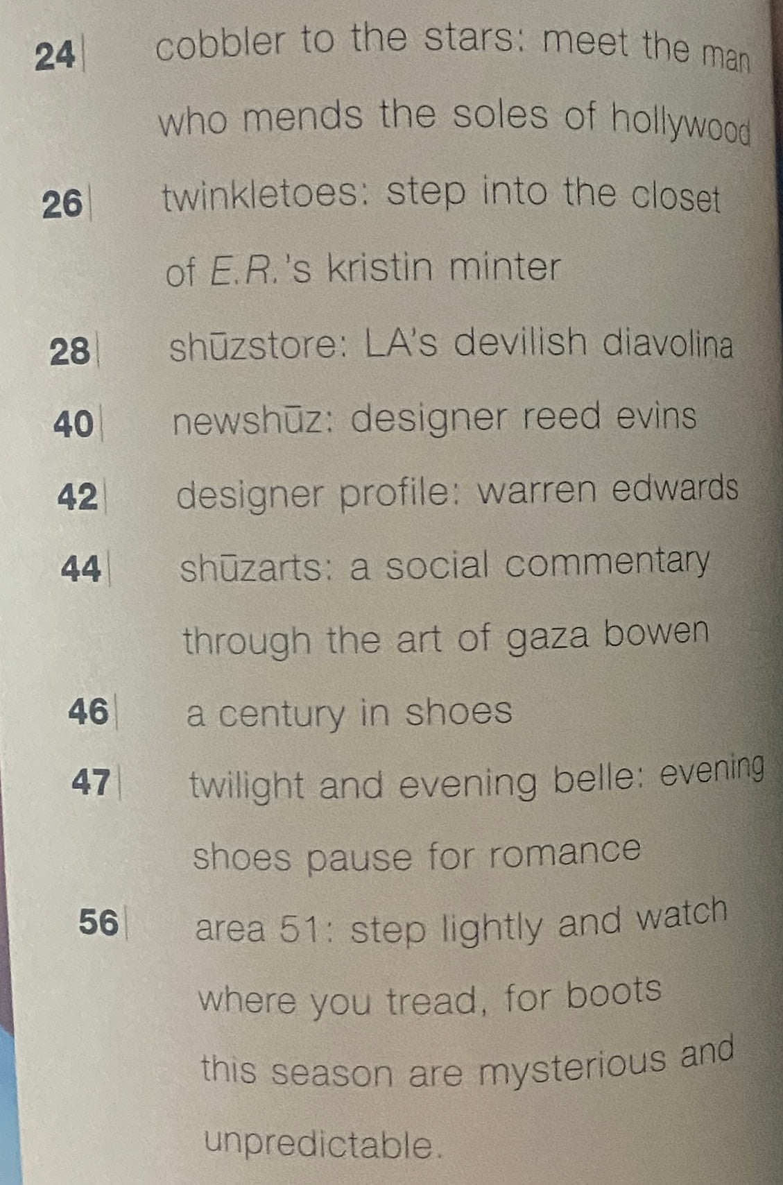 Table of contents for Shuz Magazine Fall / Winter 1999, Vol 2 No. 2, listing featured articles like 'Cobbler to the Stars' and 'Shüzstore: LA's devilish diavolina'.