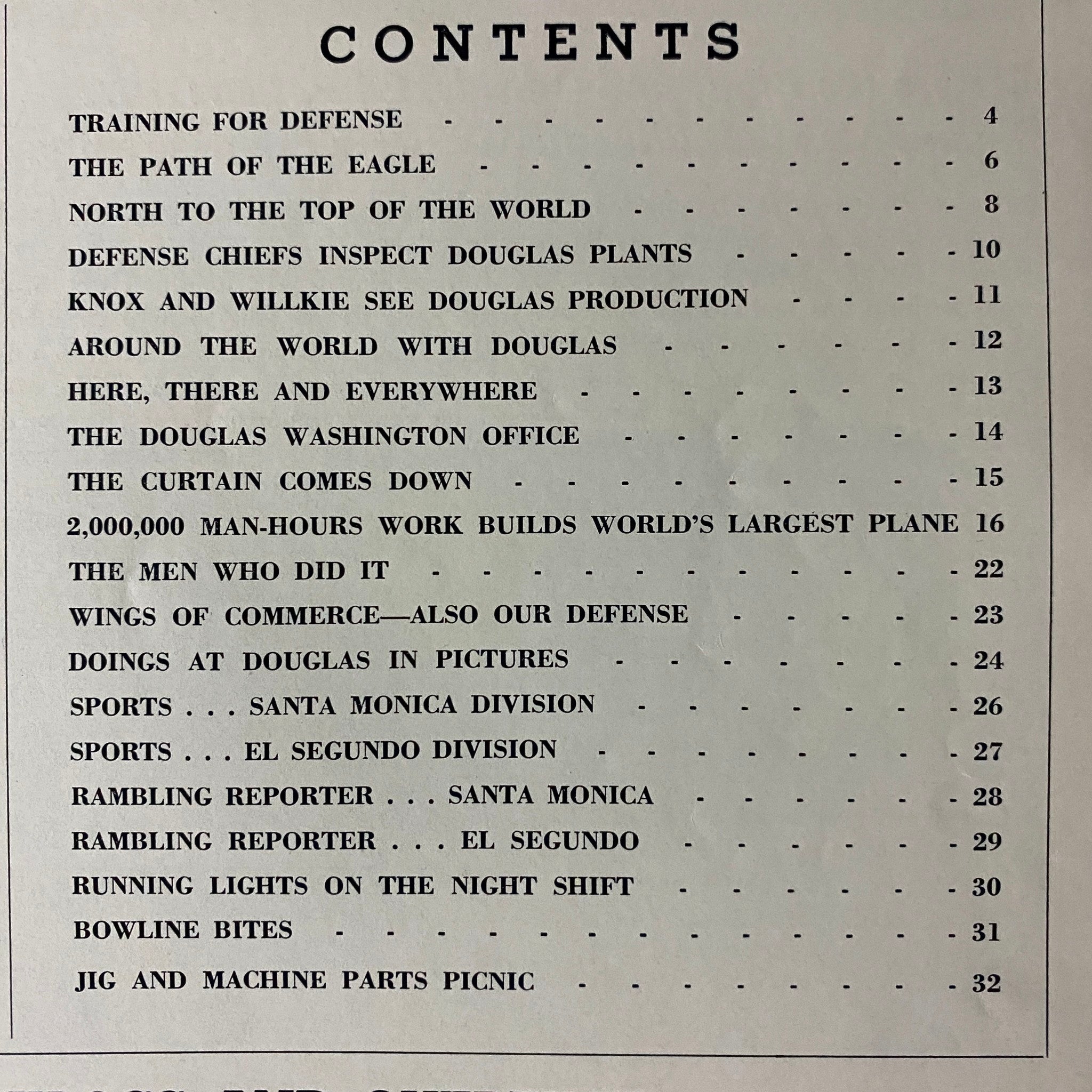 Table of contents from the Douglas Airview Magazine September 1940, titled The Path of The Eagle, featuring articles related to aviation developments and industry insights.