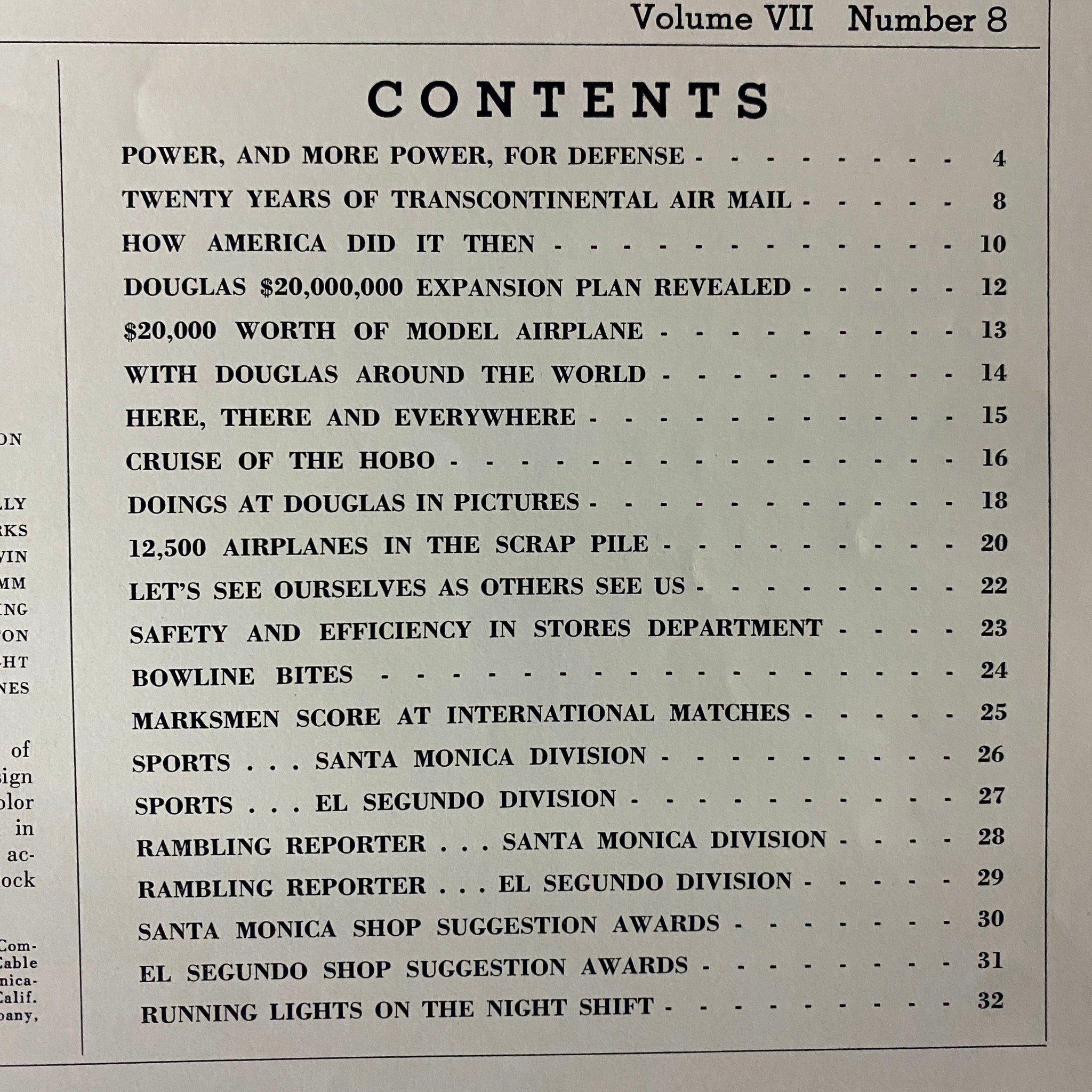 Contents page of Douglas Airview Magazine August 1940 outlining key features including 'Power and More Power for Defense' and 'Cruise of The Hobo'.
