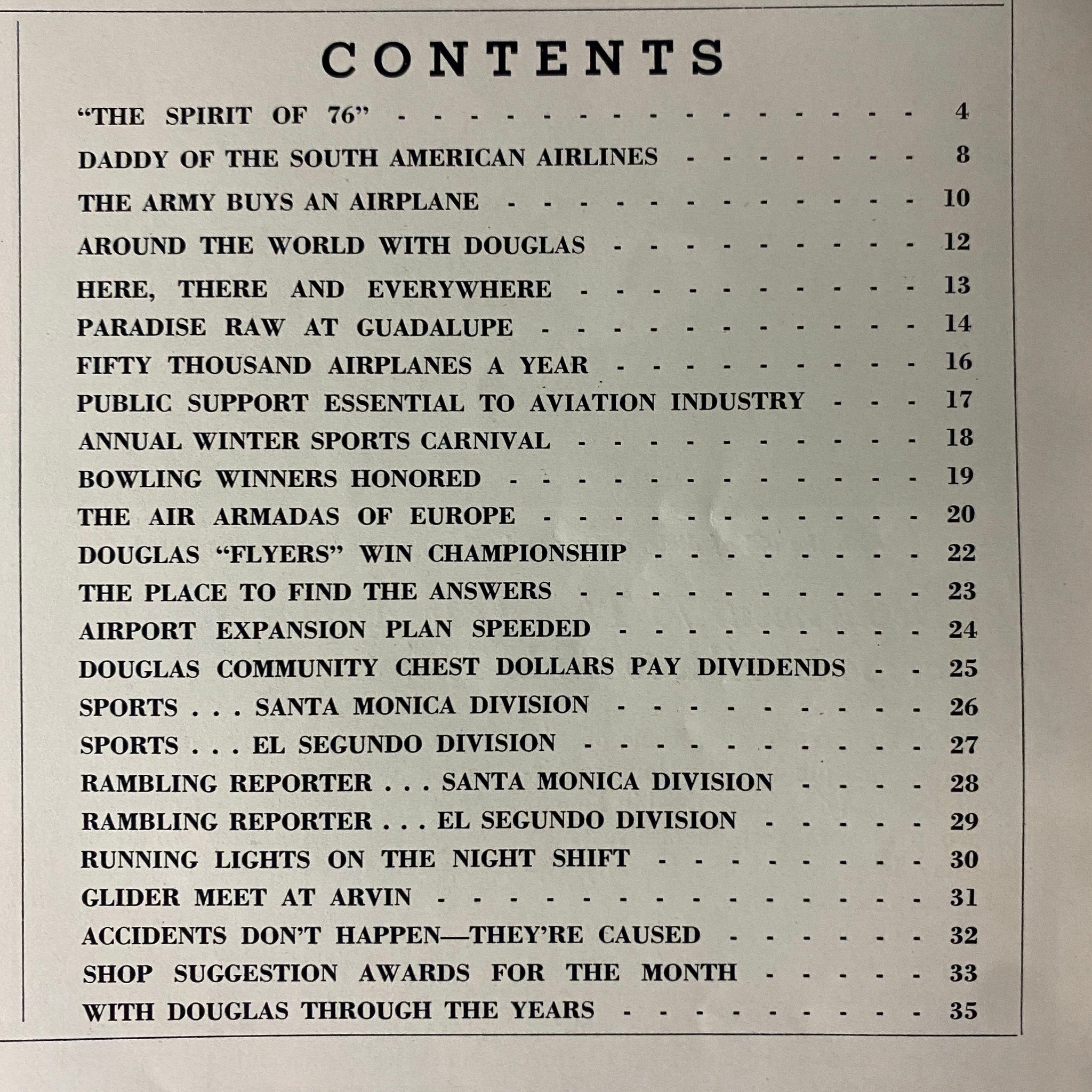 Table of contents of Douglas Airview Magazine, May 1940, showcasing features such as 'The Spirit of 76' and various articles related to aviation.