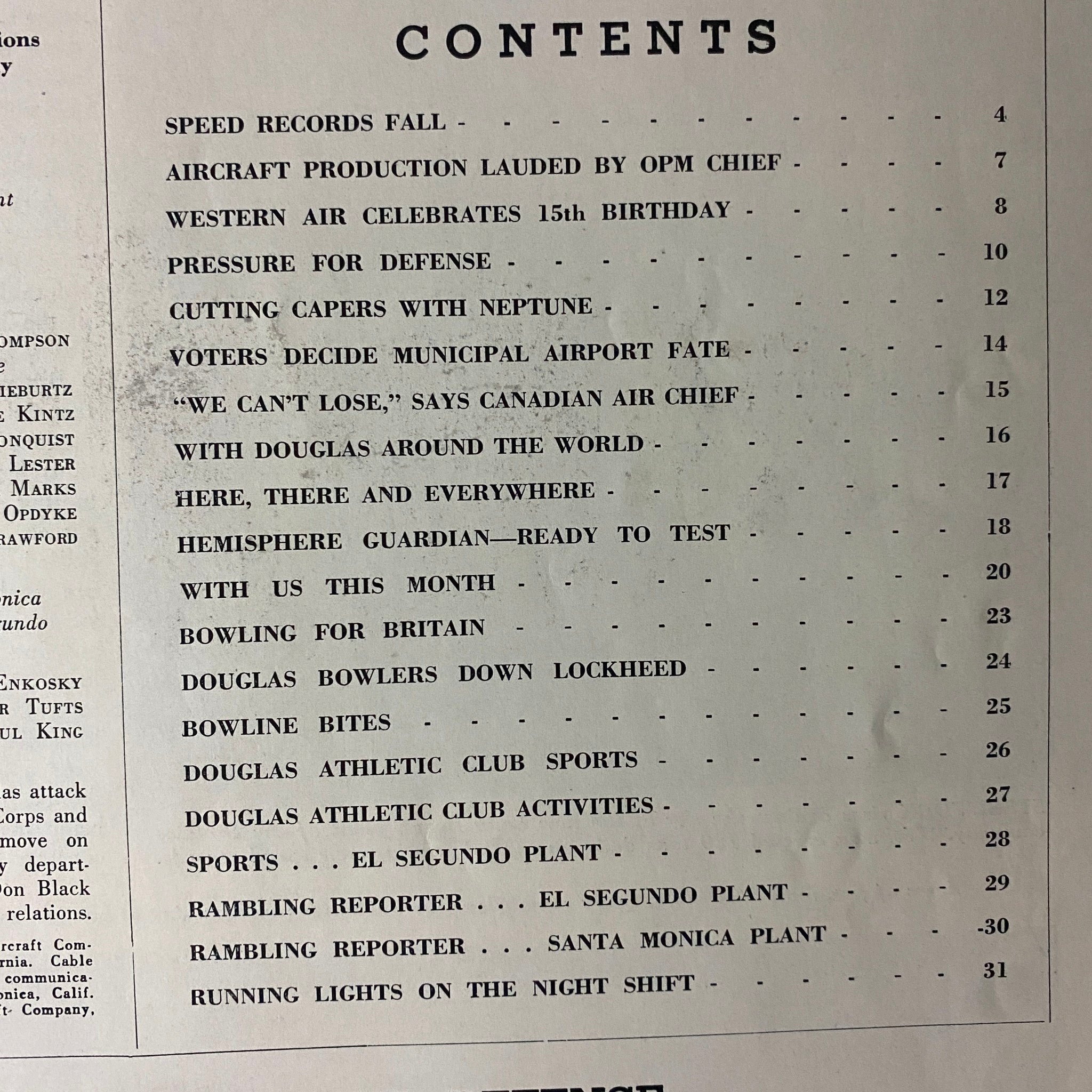 Contents page of Douglas Airview Magazine April 1941, detailing articles on aircraft production and defense, showcasing the magazine's historical significance.