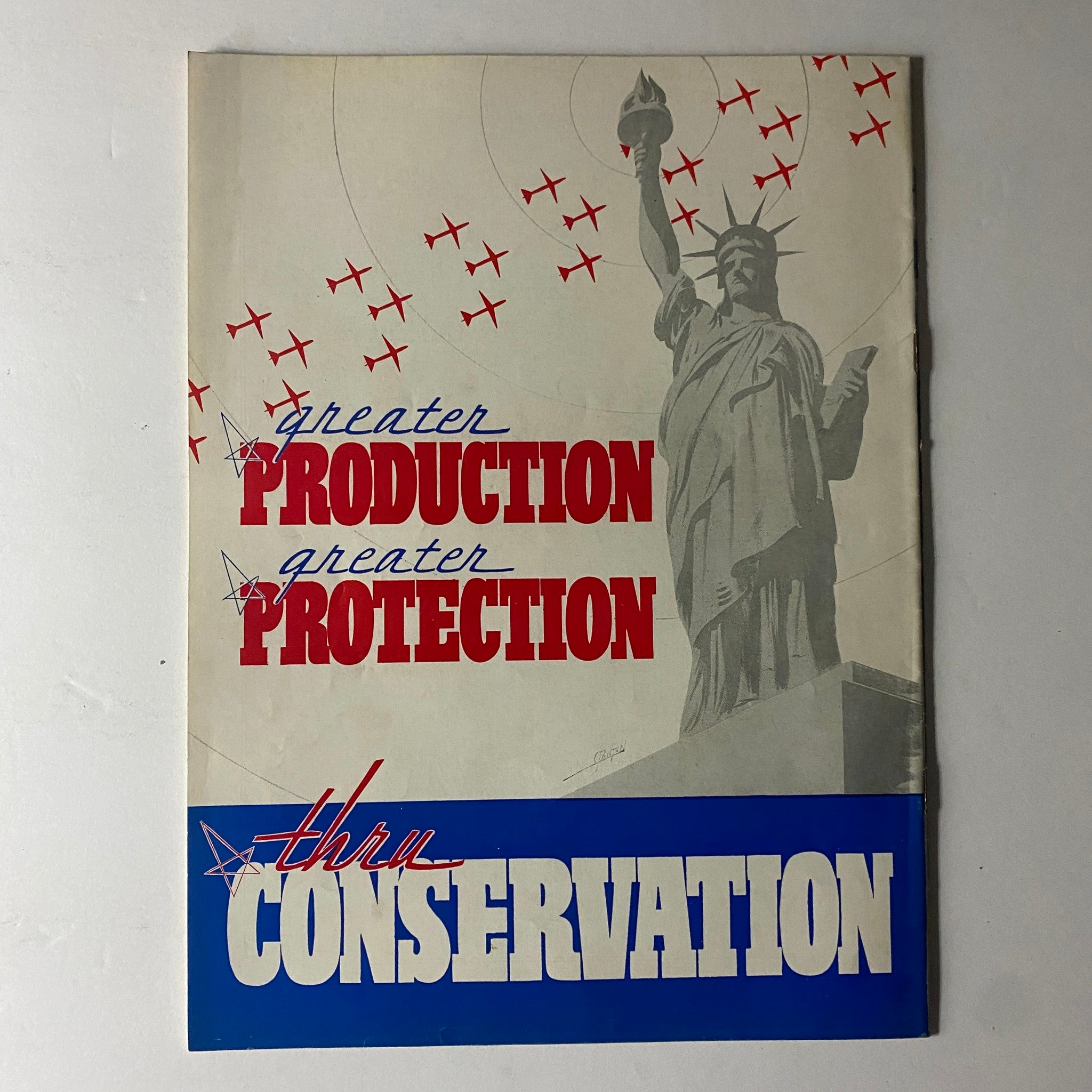 Back cover of Douglas Airview Magazine April 1941 emphasizing production, protection, and conservation, featuring an illustration of the Statue of Liberty.