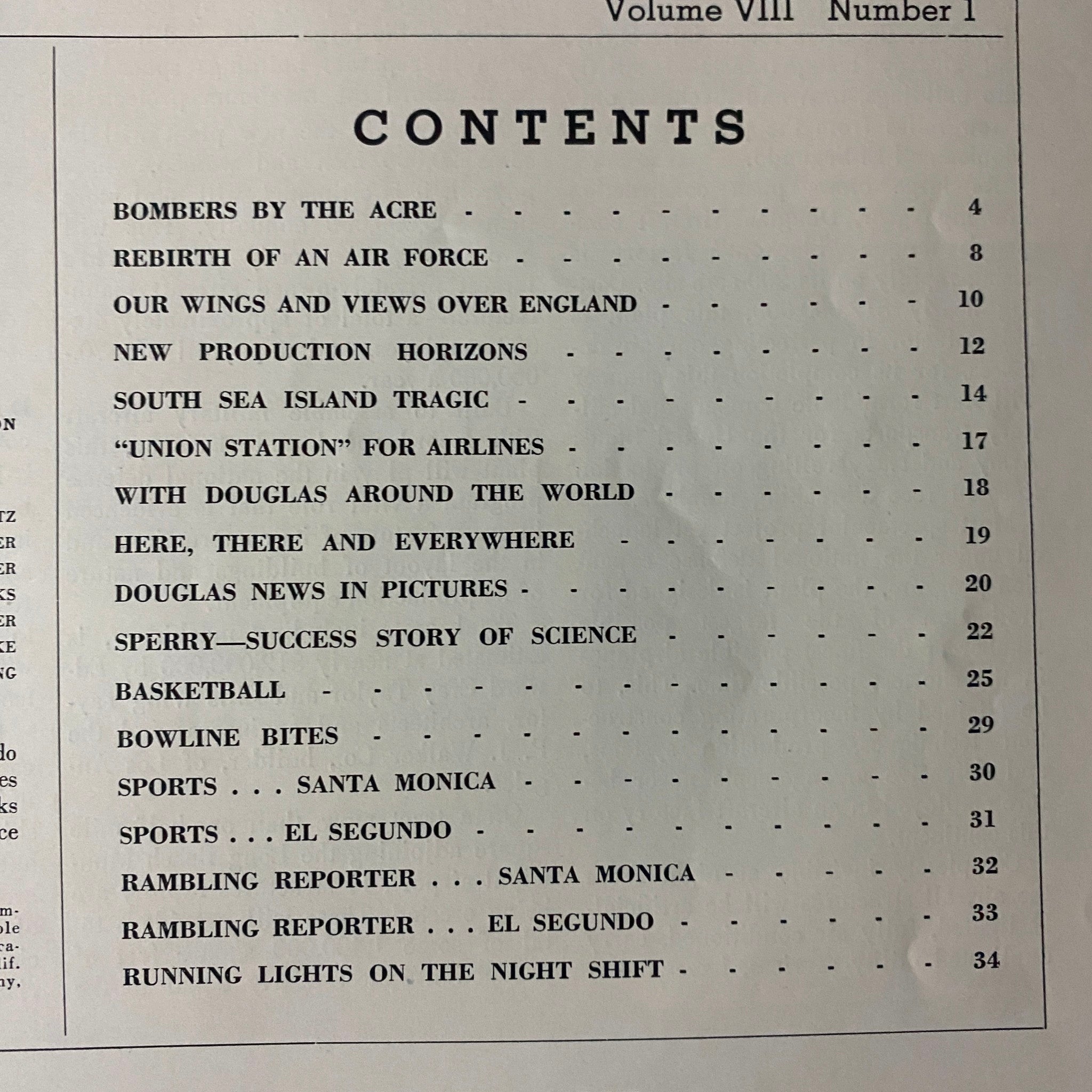 Table of contents for Douglas Airview Magazine January 1941, listing engaging articles such as Bombers by the Acre and Rebirth of an Air Force. A valuable resource for aviation and military history enthusiasts.