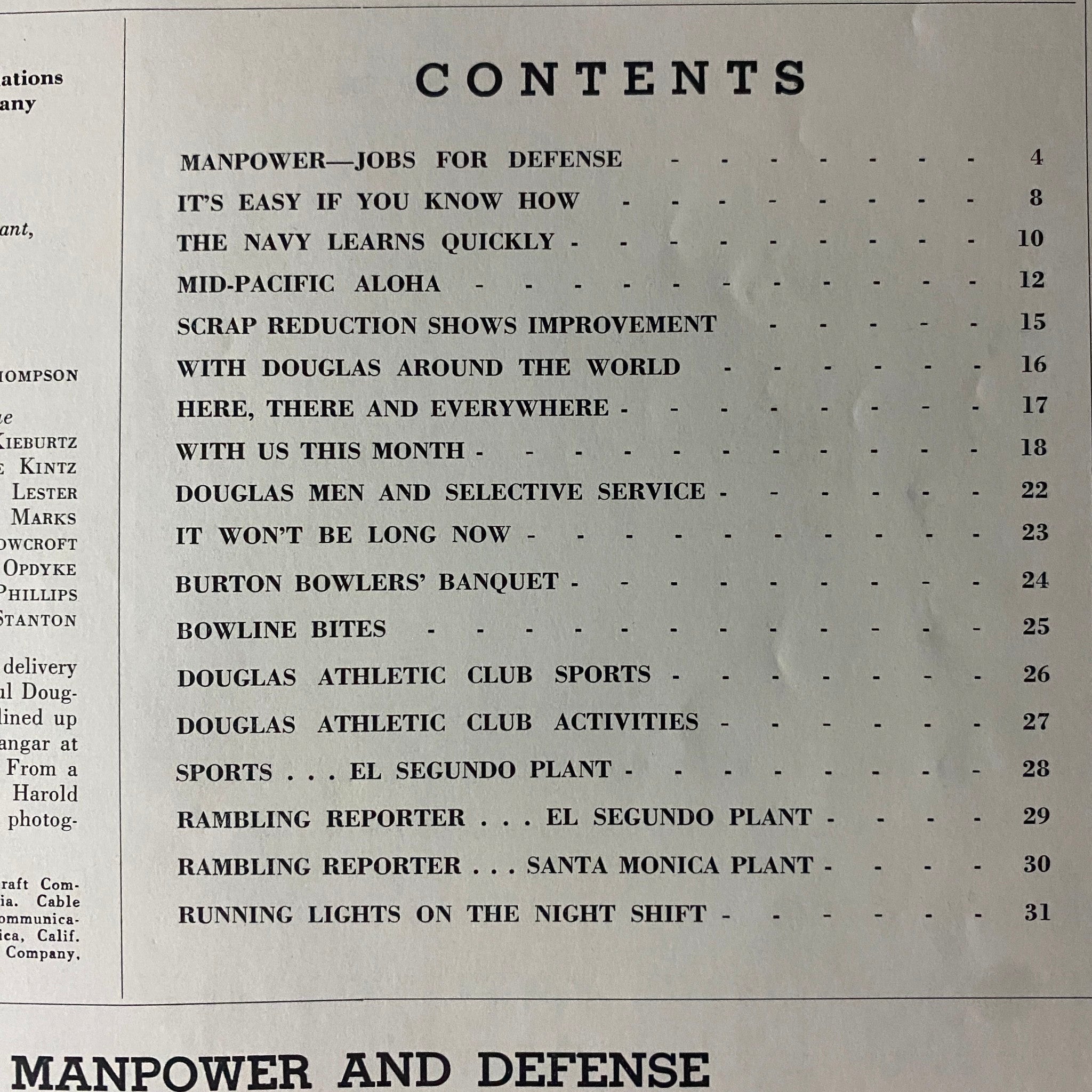 Table of contents page from Douglas Airview Magazine March 1941, showcasing articles related to defense jobs and military workforce during World War II.