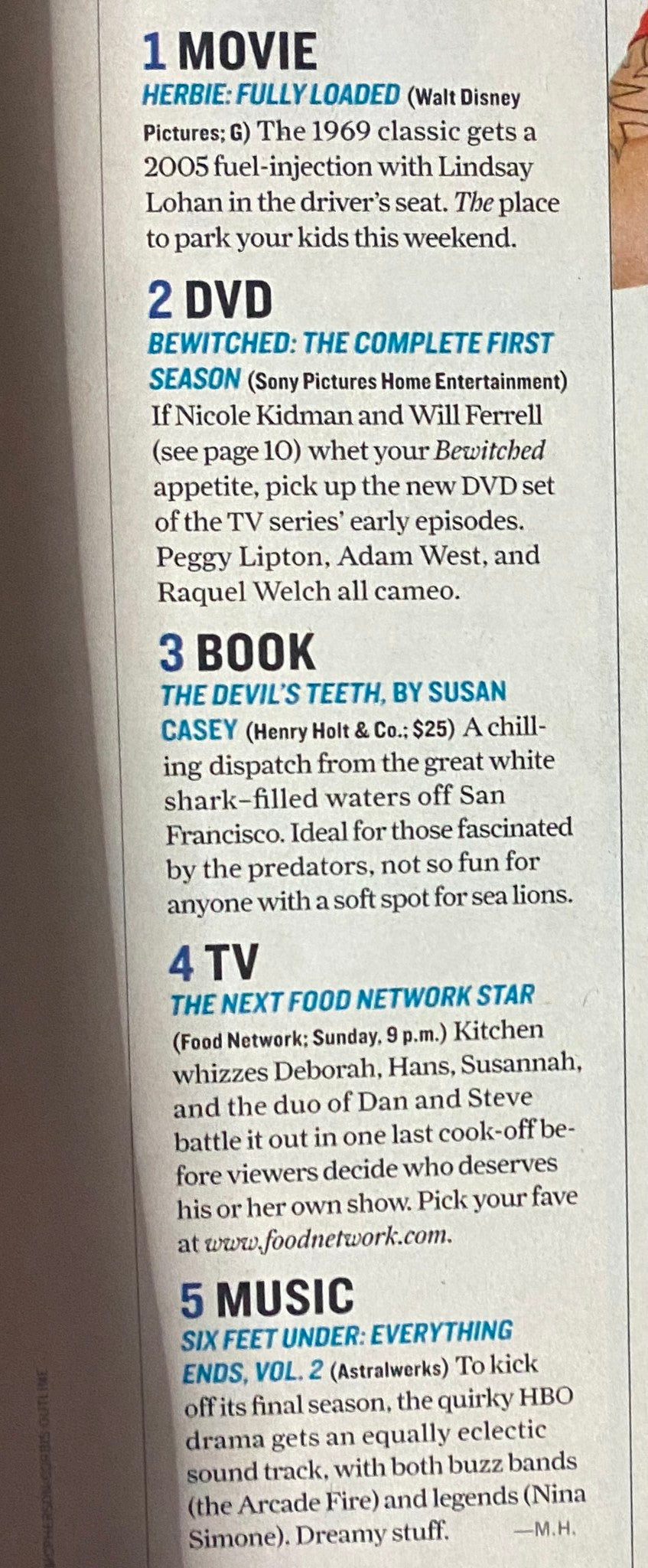 Interior page of Life Magazine, June 24, 2005, listing entertainment features such as movies, DVDs, and books, reflecting cultural elements from the mid-2000s.