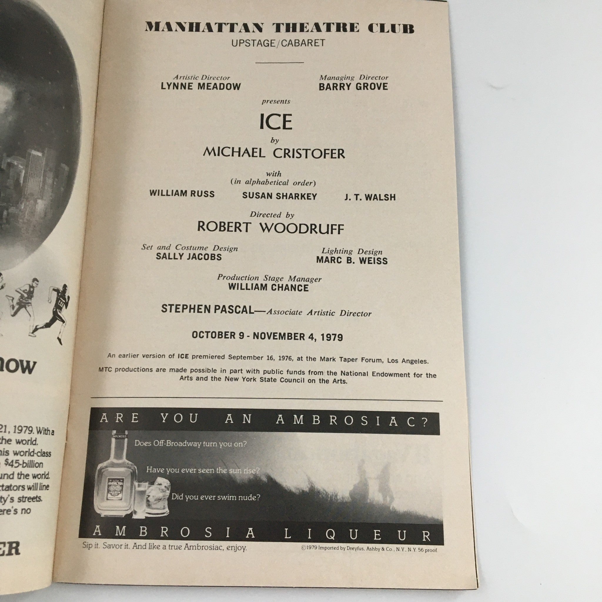 1979 Showbill Manhattan Theatre Club Ice, William Russ, Susan Sharkey, JT Walsh