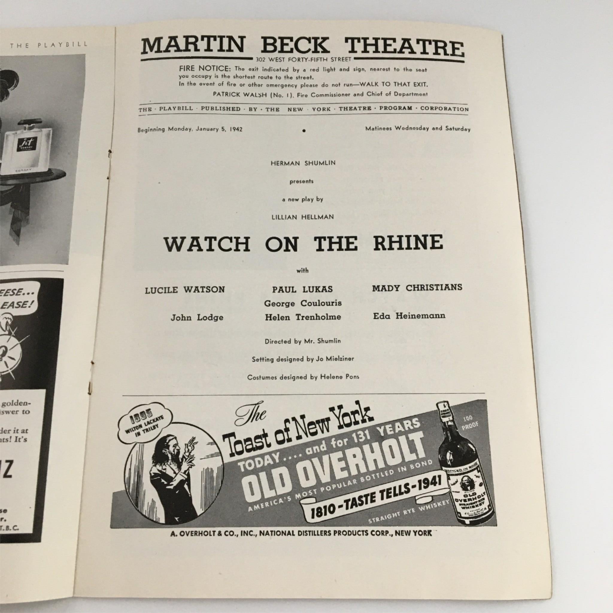 1942 Playbill The Martin Beck Theatre Watch On The Rine Lucile Watson Paul Lukas