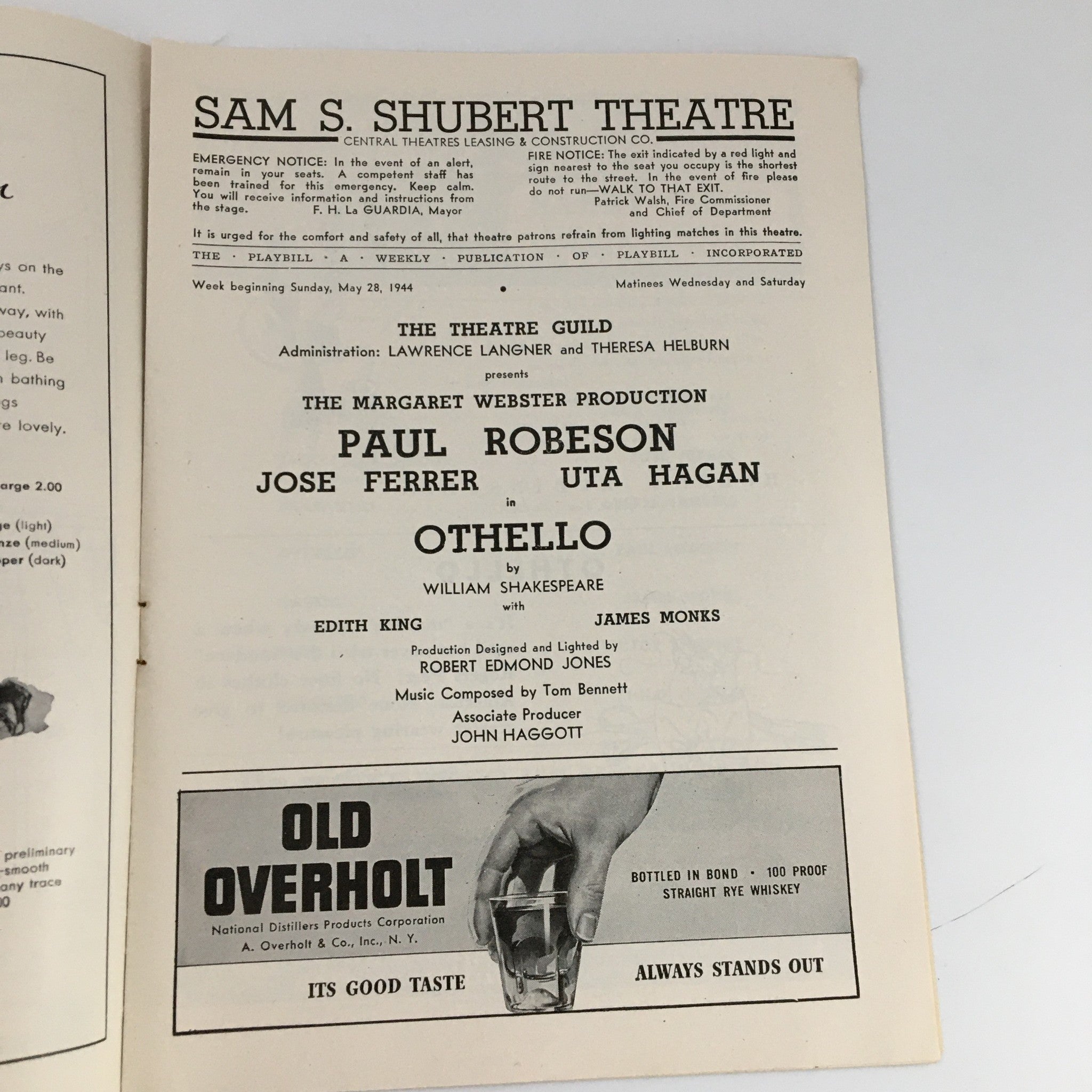 1944 Playbill Sam S. Shubert Theatre Othello, Paul Robeson Jose Ferrer Uta Hagan