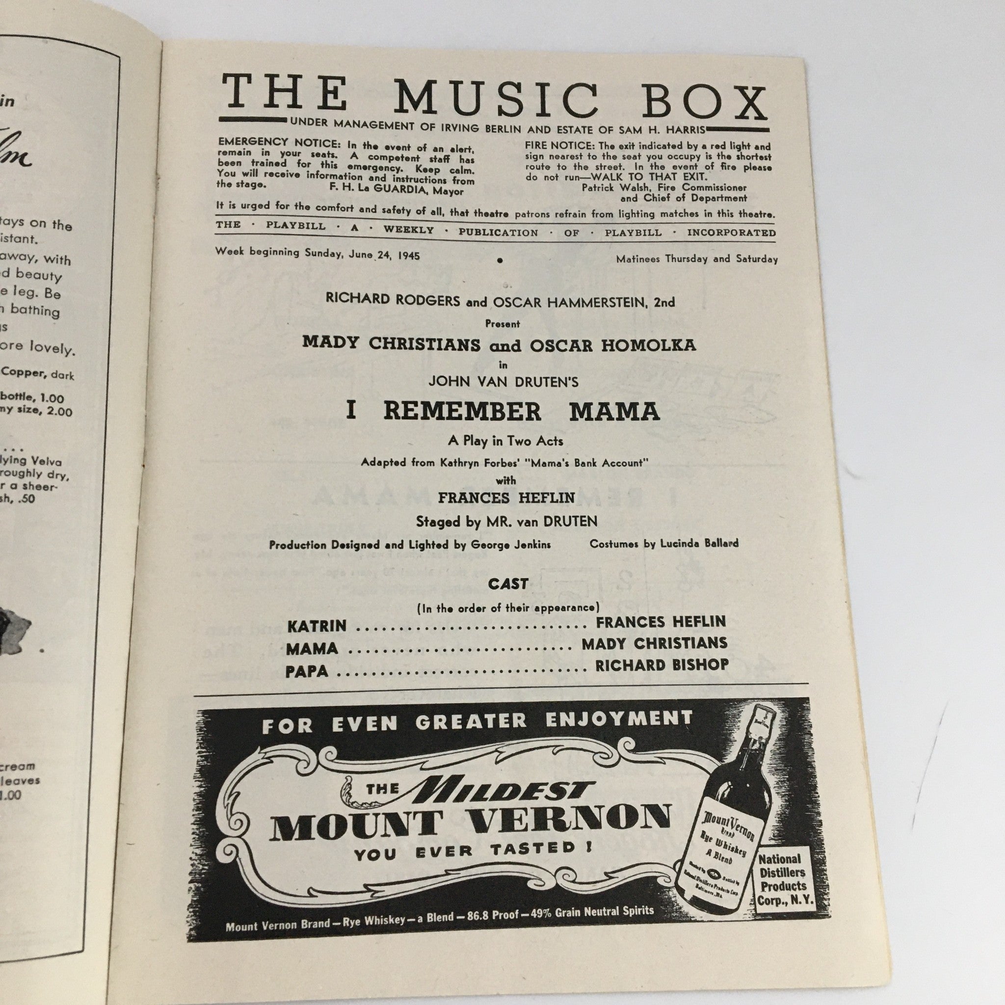 1945 Playbill The Music Box 'I Remember Mama' Frances Heflin Maddy Christians