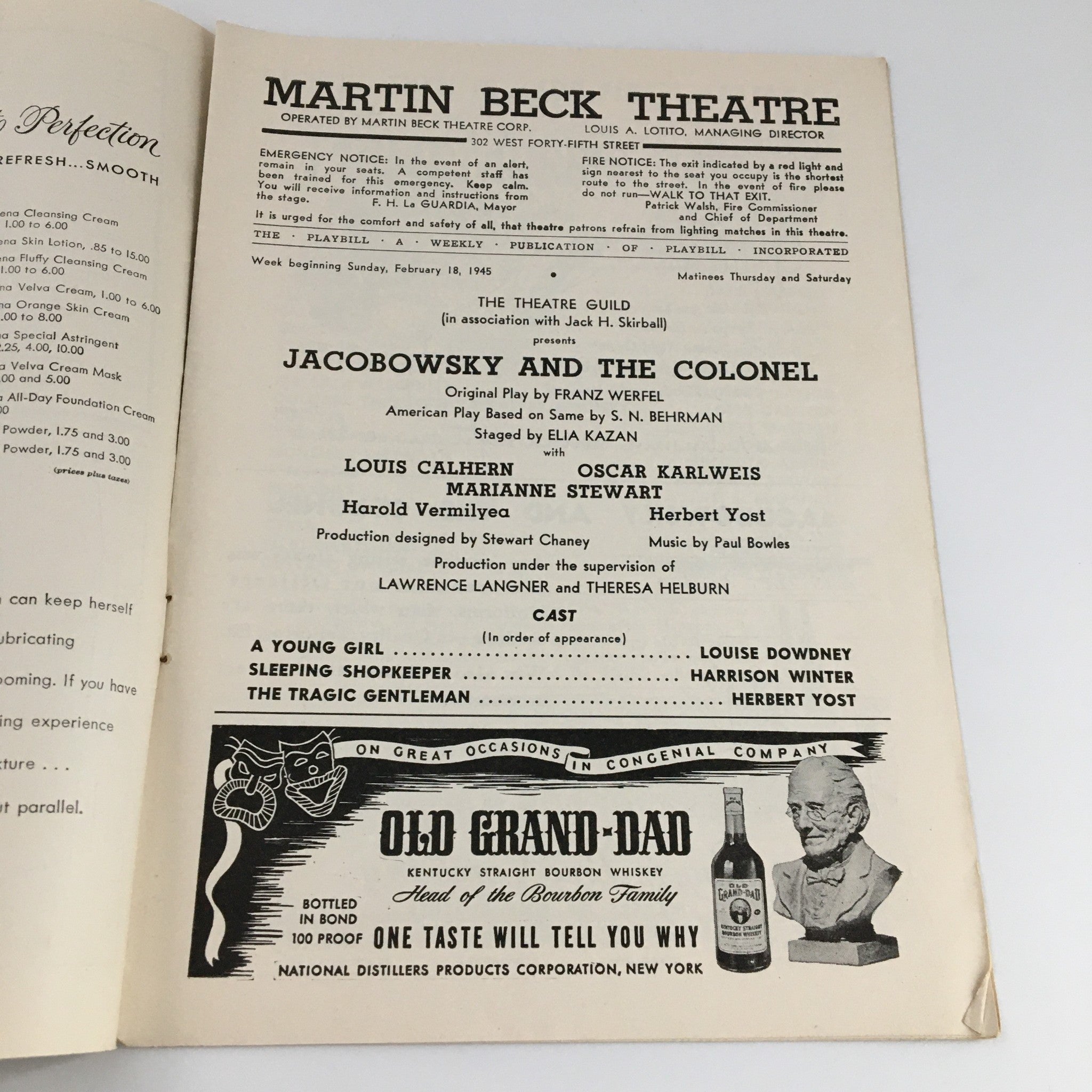 1945 Playbill The Martin Beck Theatre 'Jacobowsky and the Colonel' Louis Calhern