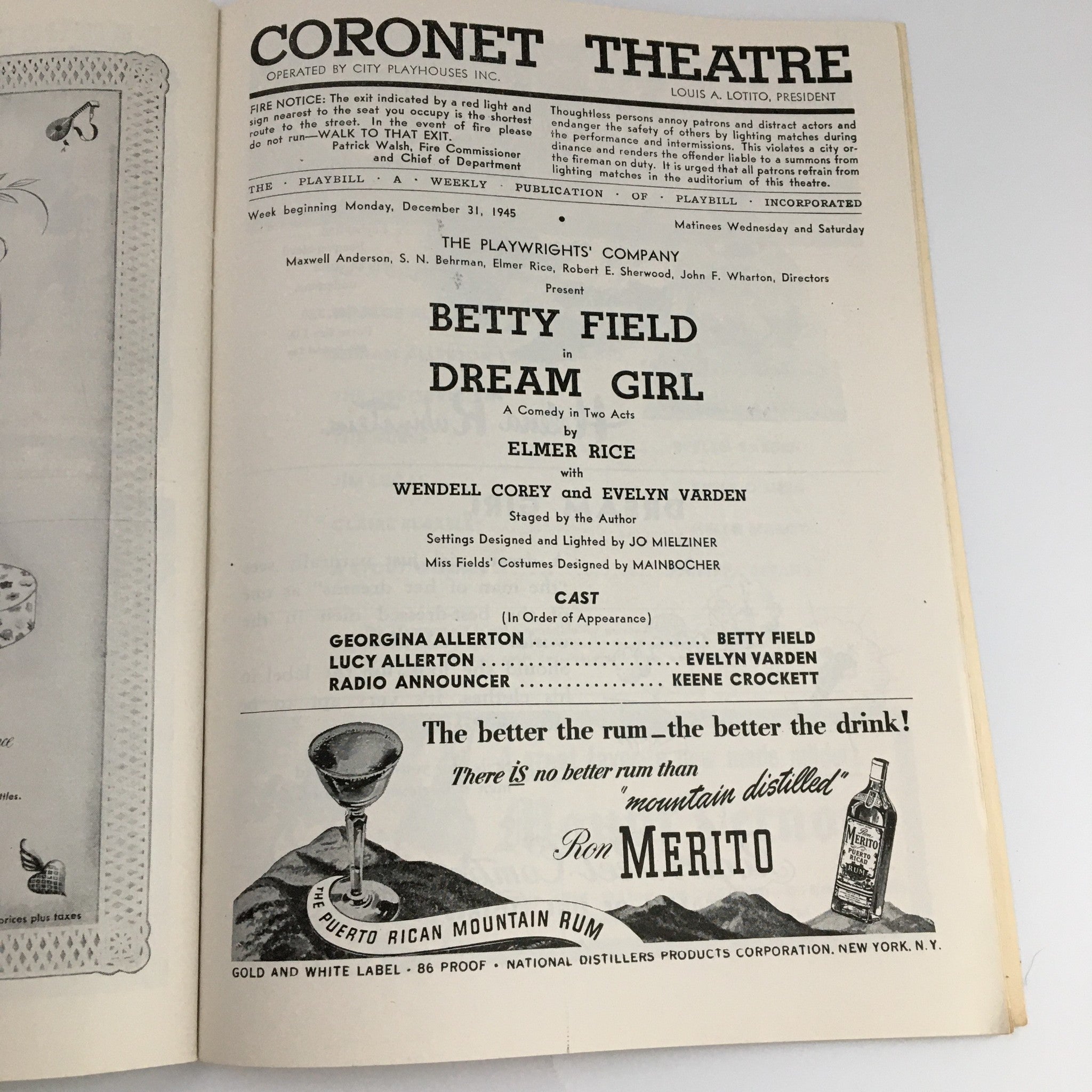 1945 Playbill The Coronet Theatre 'Dream Girl' Wendell Corey and Evelyn Varden