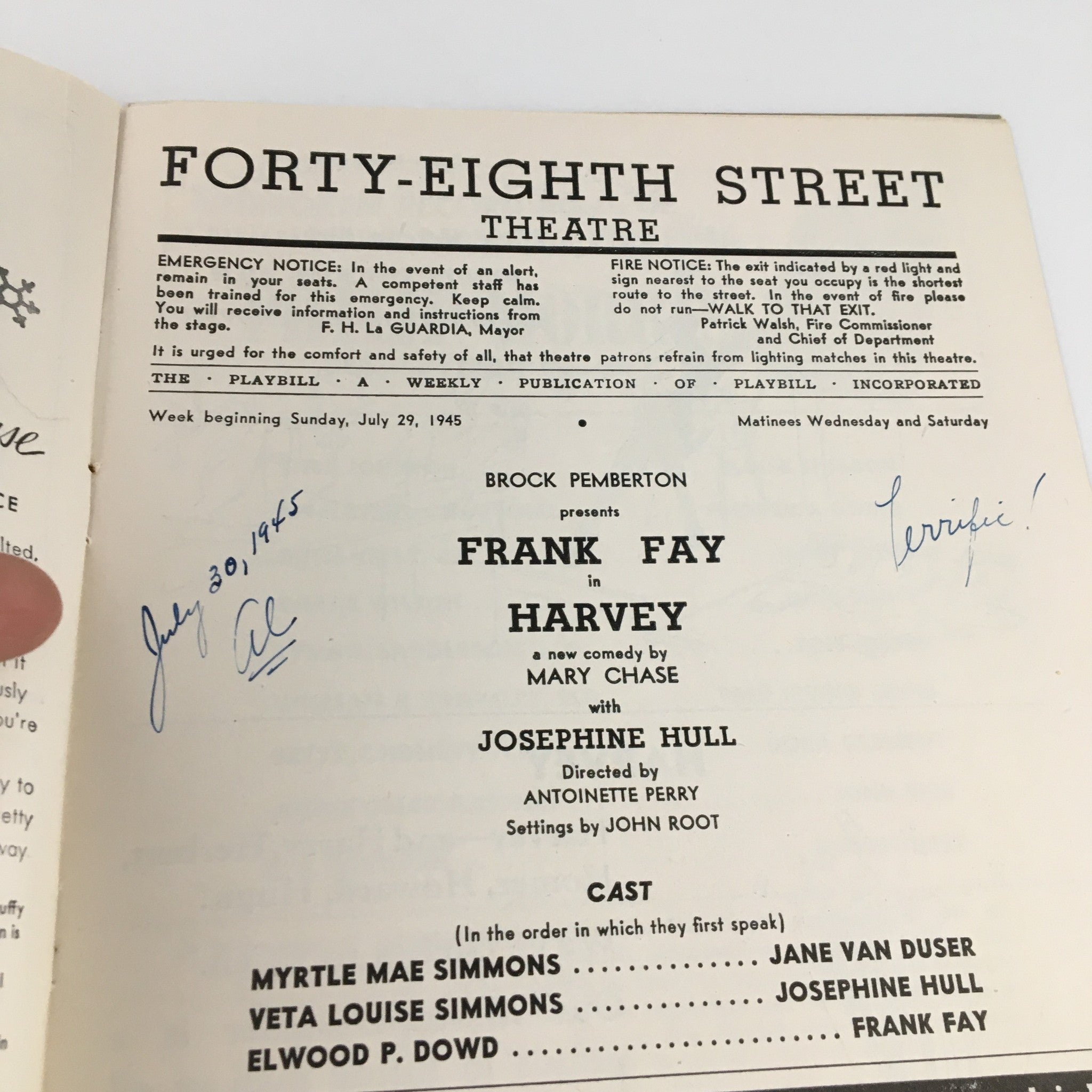 1945 Playbill Forty-Eight Street Theatre 'Harvey' Frank Fay, Josephine Hull