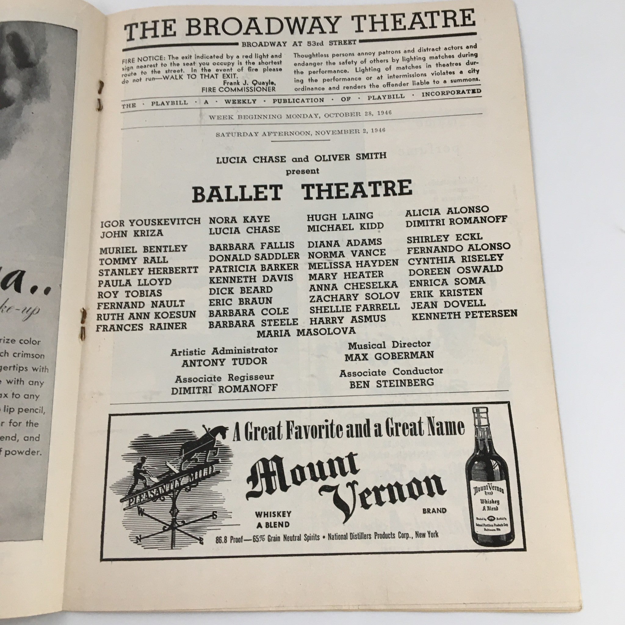 1946 Playbill The Broadway Theatre 'Ballet Theatre' Lucia Chase and Oliver Smith