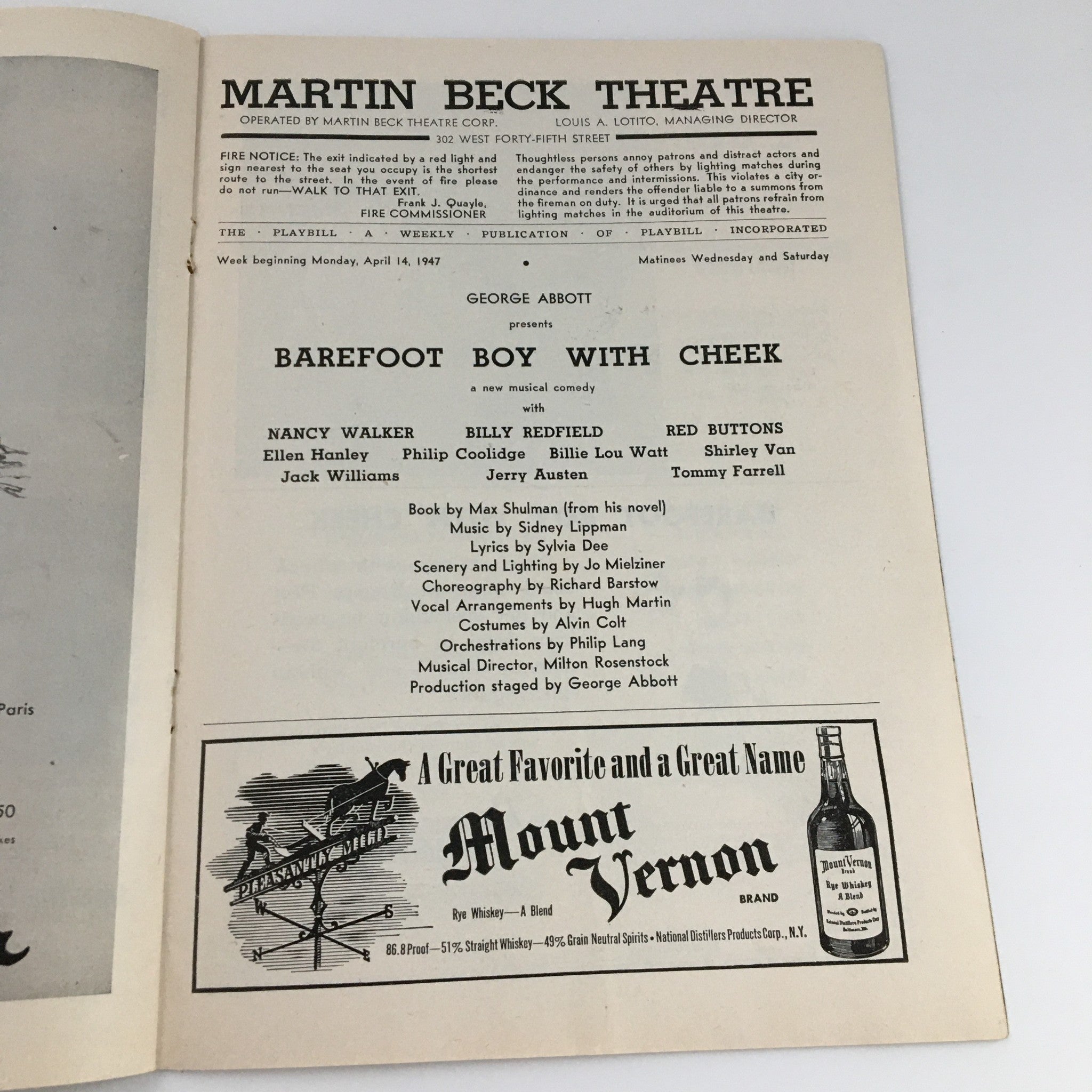 1947 Playbill The Martin Beck Theatre 'Barefoot Boy With Cheek' Red Buttons