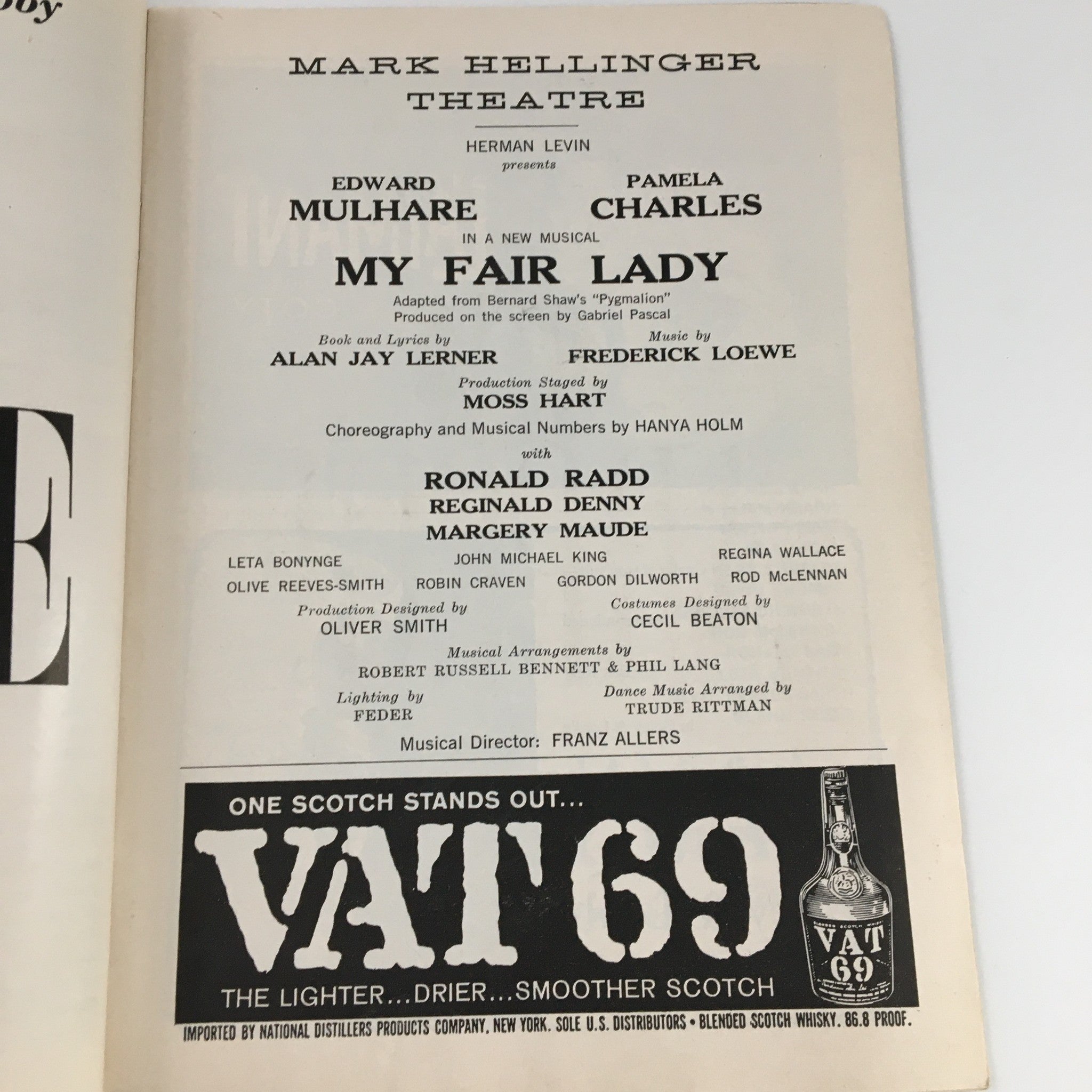 1956 Playbill Mark Hellinger Theatre 'My Fair Lady' Ronald Radd, Reginald Denny