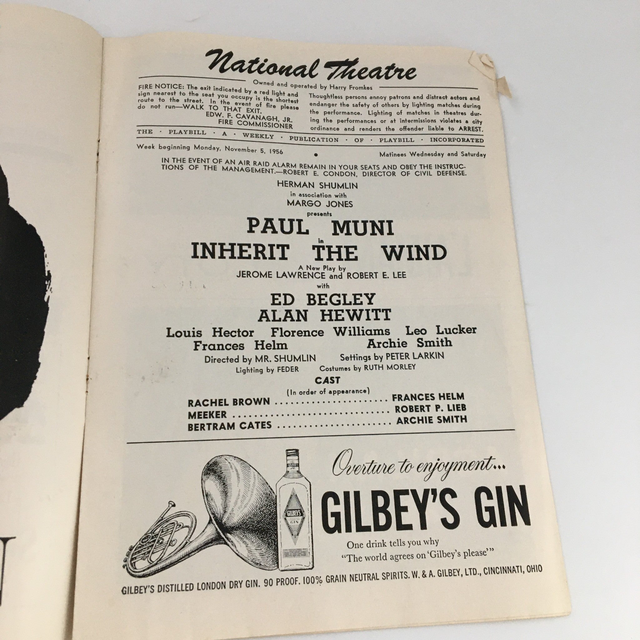 1956 Playbill National Theatre 'Inherit The Wind' Ed Begley and Alan Hewitt