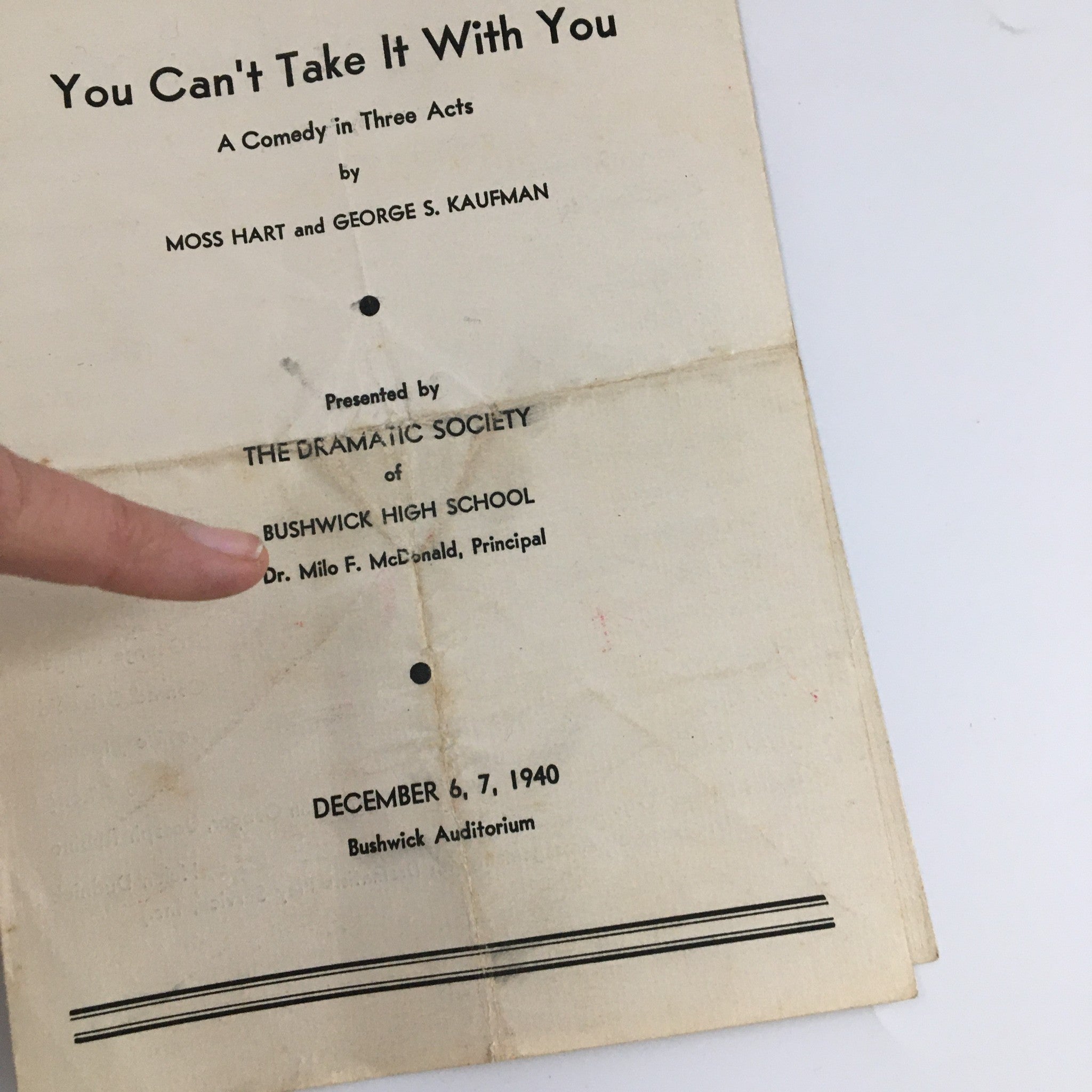 1940 Bushwick Auditorium 'You Can't Take It With You' Moss Heart, George Kaufman