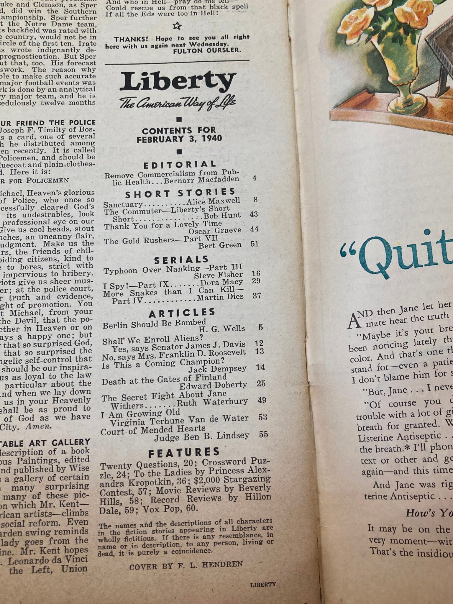 VTG Liberty Magazine February 3 1940 Berlin Should Be Bombed H.G. Wells No Label