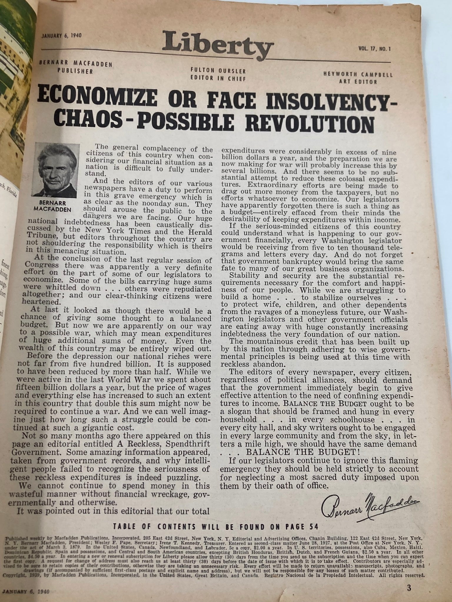 VTG Liberty Magazine January 6 1940 Economize of Face Insolvency No Label