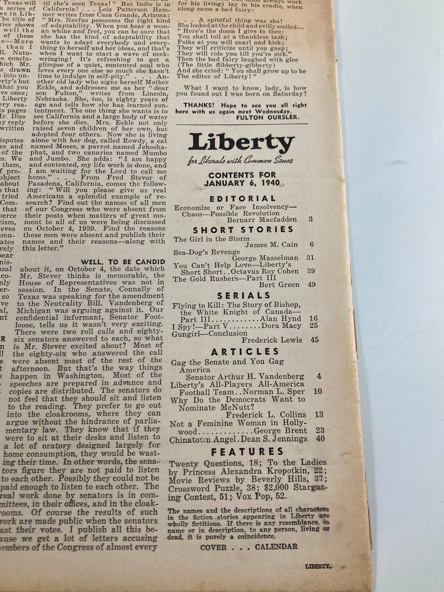 VTG Liberty Magazine January 6 1940 Economize of Face Insolvency No Label