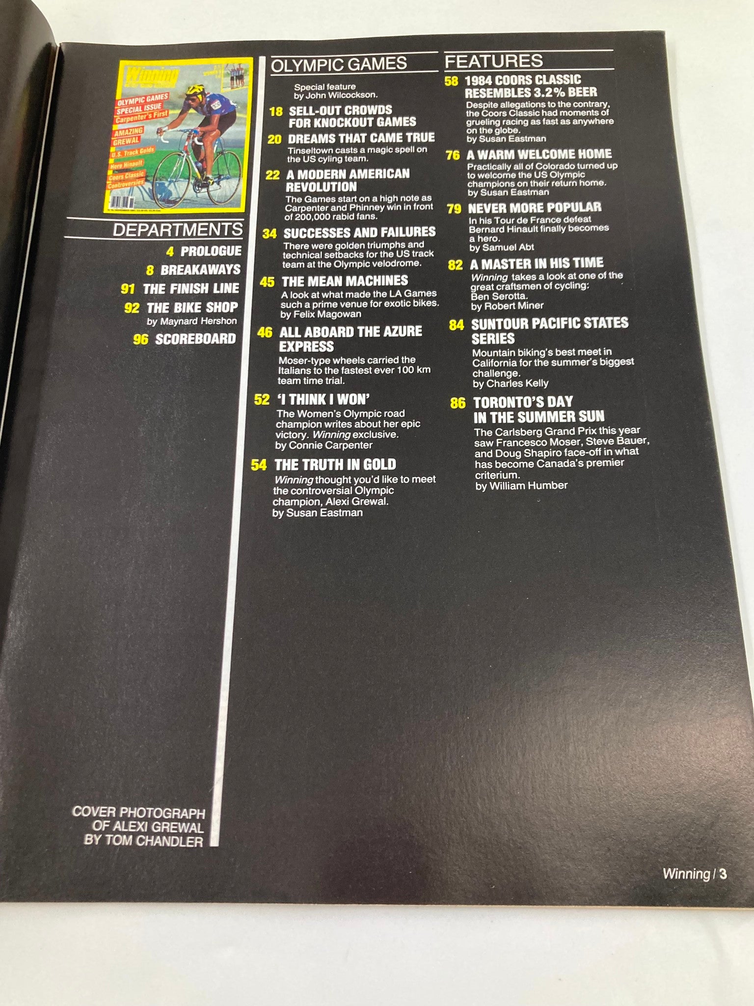 Inside page of VTG Winning Bicycle Racing Illustrated November 1984 showcasing the magazine's contents, including a photo of Alexi Grewal and features on Olympic Games and cycling.