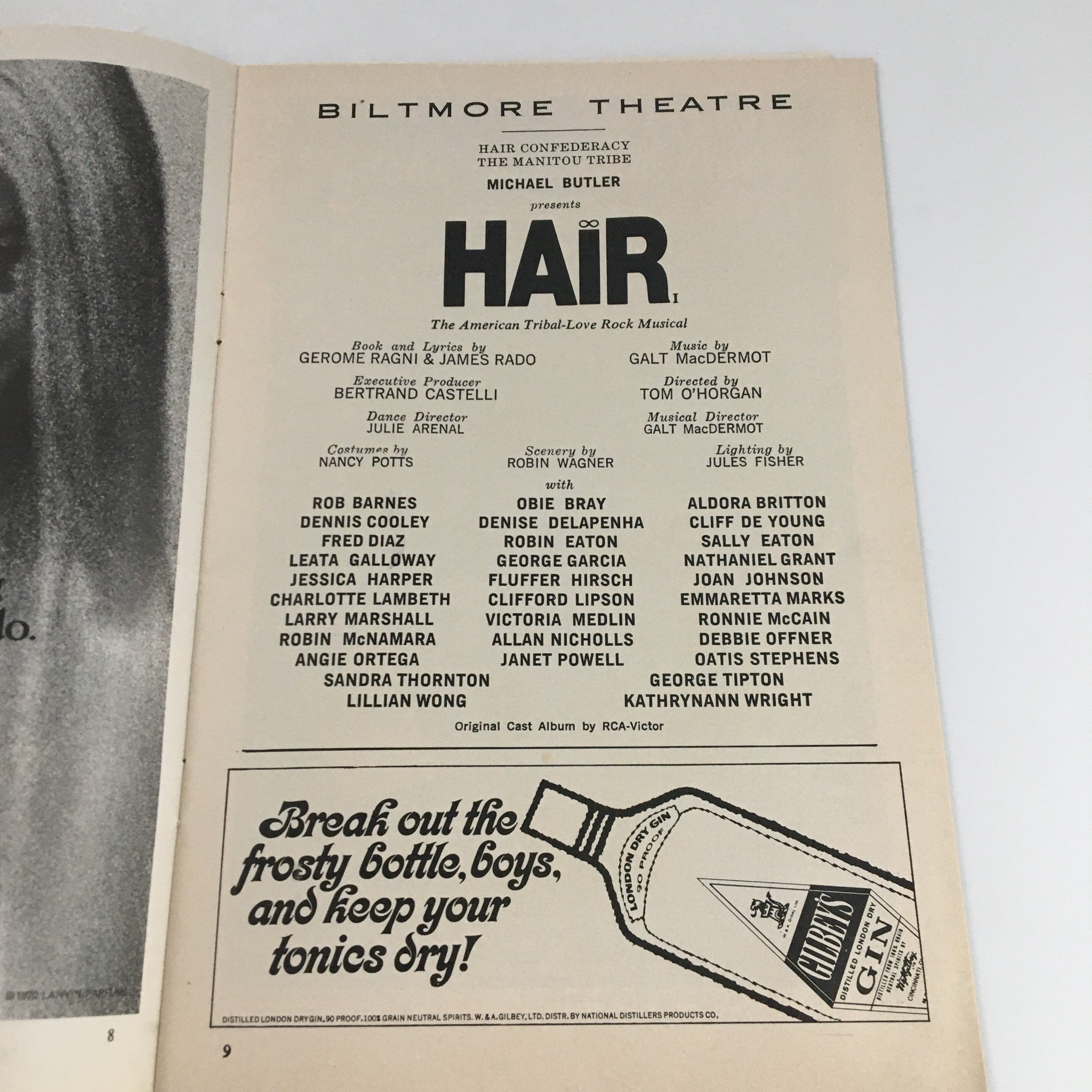 1970 Playbill Biltmore Theatre 'Hair' Rob Barnes, Obie Bray, Aldora Britton