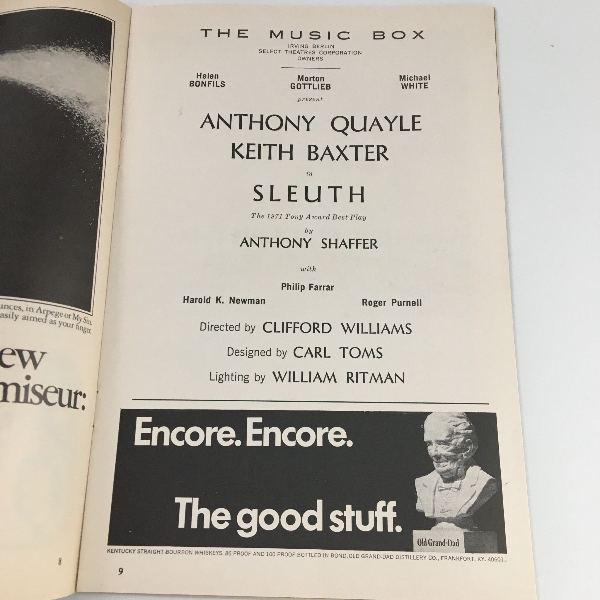 1971 Playbill The Music Box 'Sleuth' Anthony Quayle, Keith Baxter, Philip Farrar