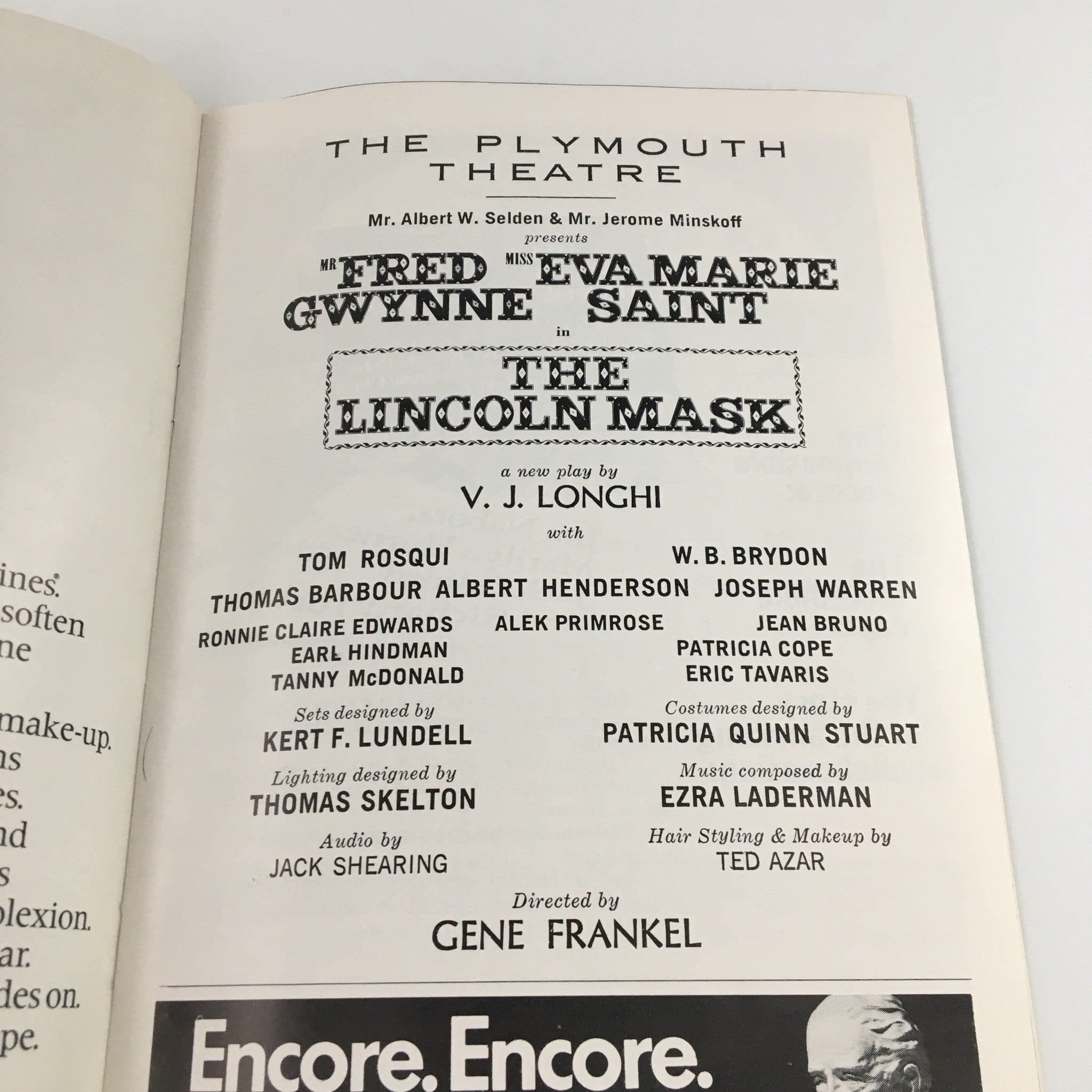 1972 Playbill The Plymouth Theatre The Lincoln Mask' Fred Gywnne Eva Marie Saint