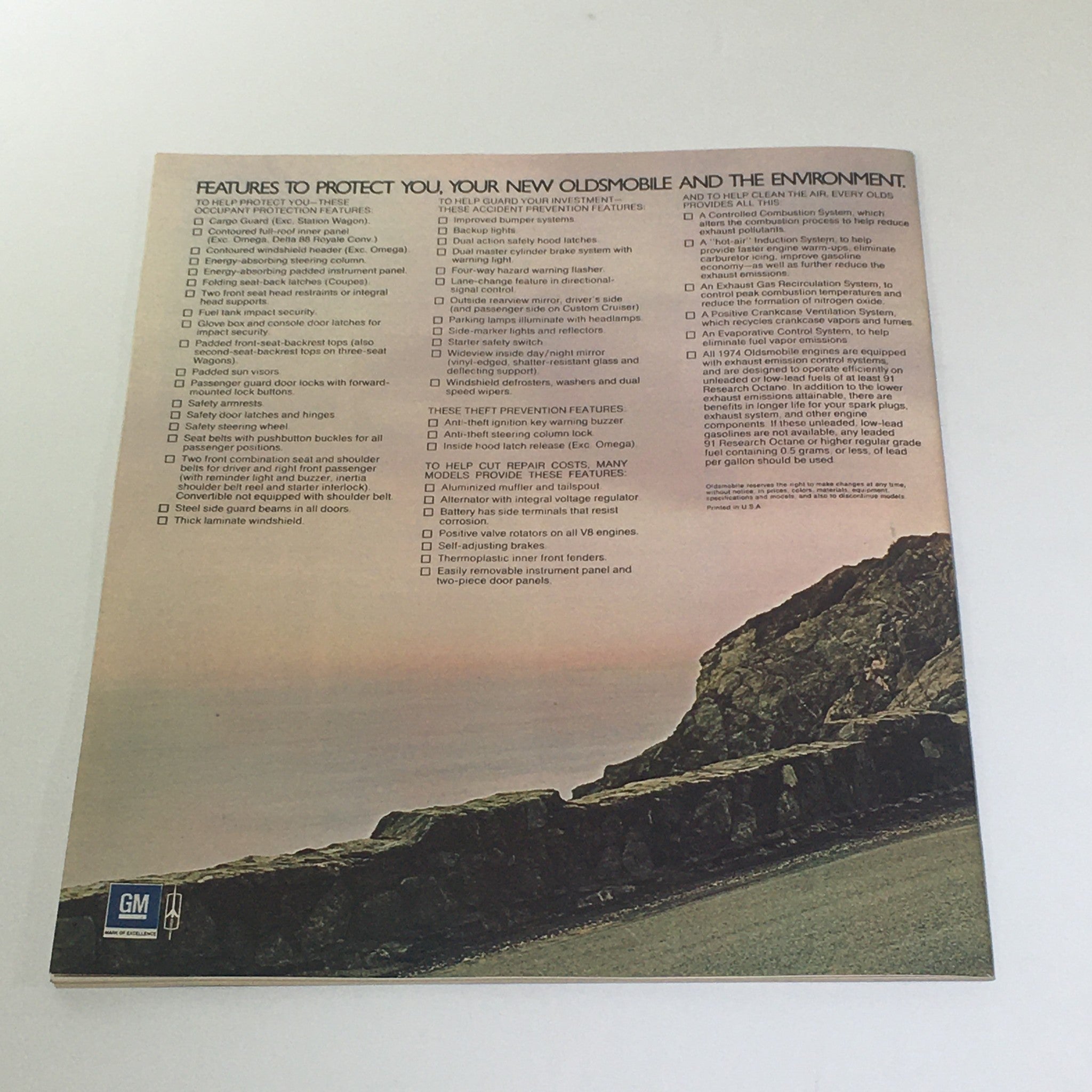 Back cover of the Vintage 1974 Oldsmobile Toronado NinetyEight Station Wagons Car Catalog Brochure featuring information on vehicle features and environmental considerations.