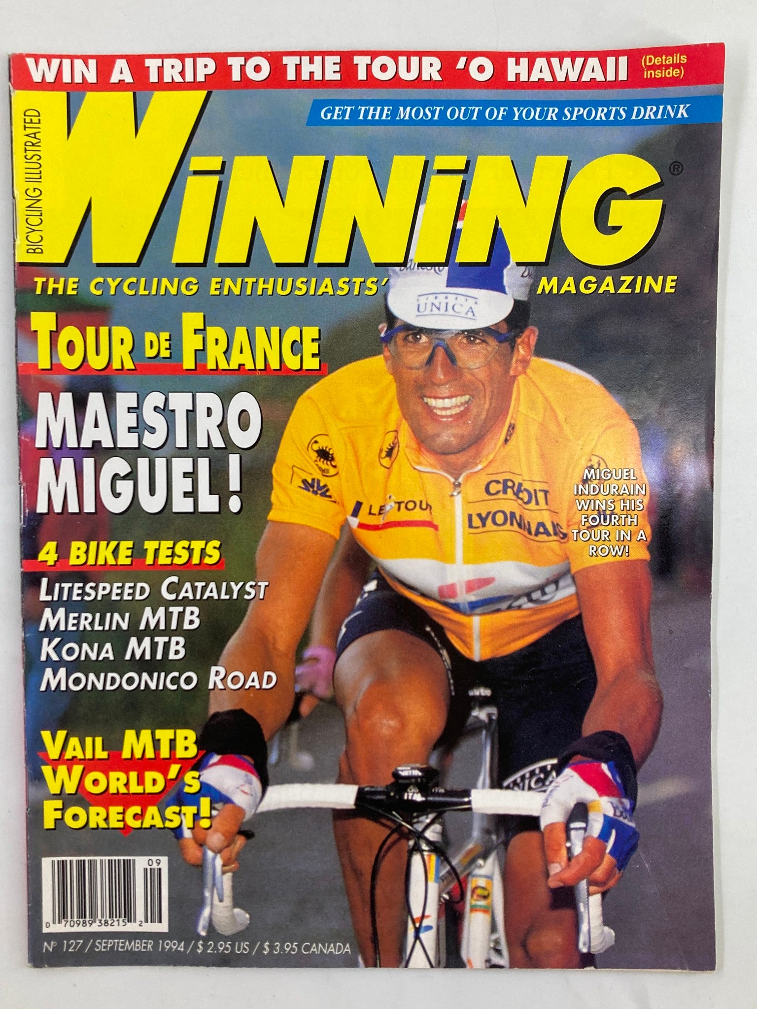 Cover of Winning Bicycle Racing Illustrated, September 1994 #127 featuring Miguel Indurain. The magazine highlights the Tour de France and includes articles on bike tests and cycling performance.