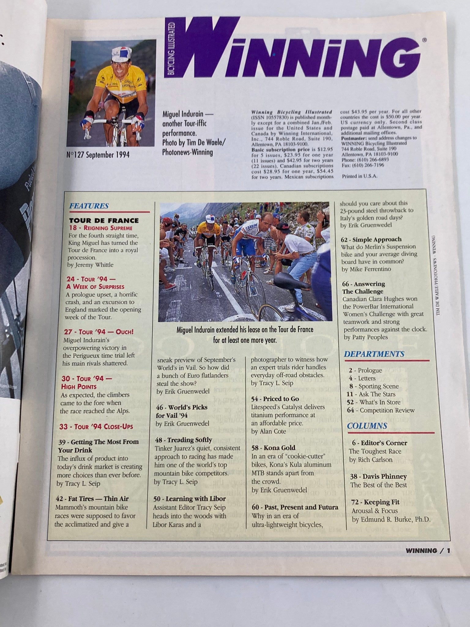 Interior page of Winning Bicycle Racing Illustrated, September 1994 #127 showcasing an article about Miguel Indurain's Tour de France performance alongside table of contents and features on cycling insights.