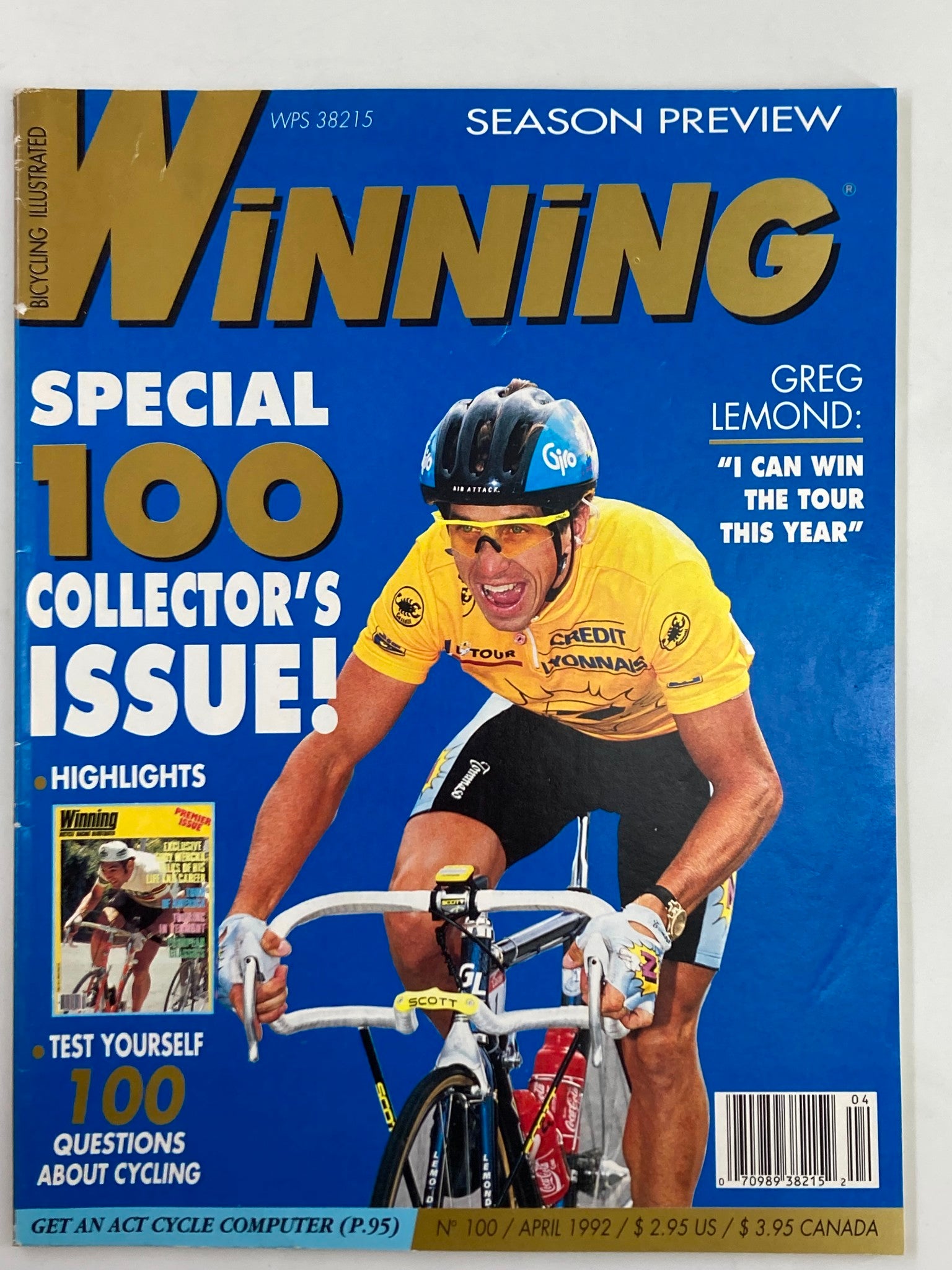 Winning Bicycle Racing Illustrated April 1992 #100 Greg LeMond No Label