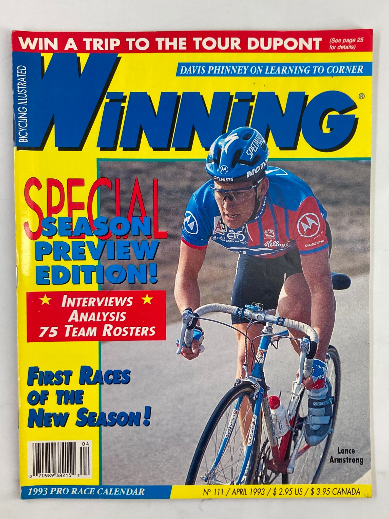 Cover of Winning Bicycle Racing Illustrated, April 1993 issue #111, featuring cyclist Lance Armstrong in action. The cover highlights the special season preview edition with bright colors and promotional text.
