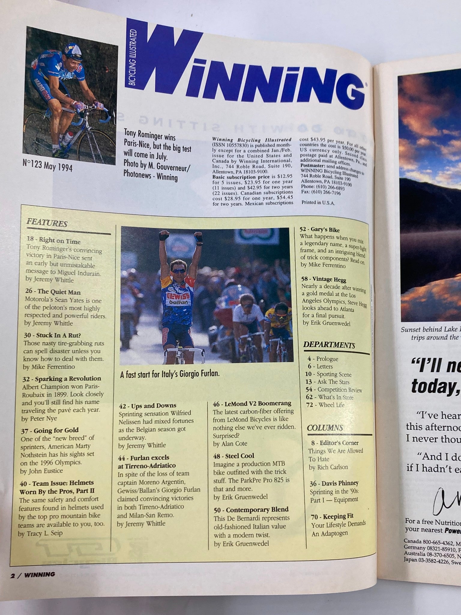 Winning Bicycle Racing Illustrated May 1994 #123 Tony Rominger No Label