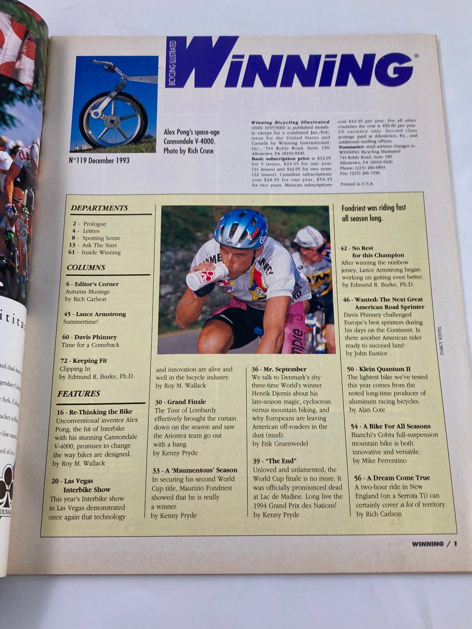 Winning Bicycle Racing Illustrated December 1993 #119 Cannondale V-4000 No Label