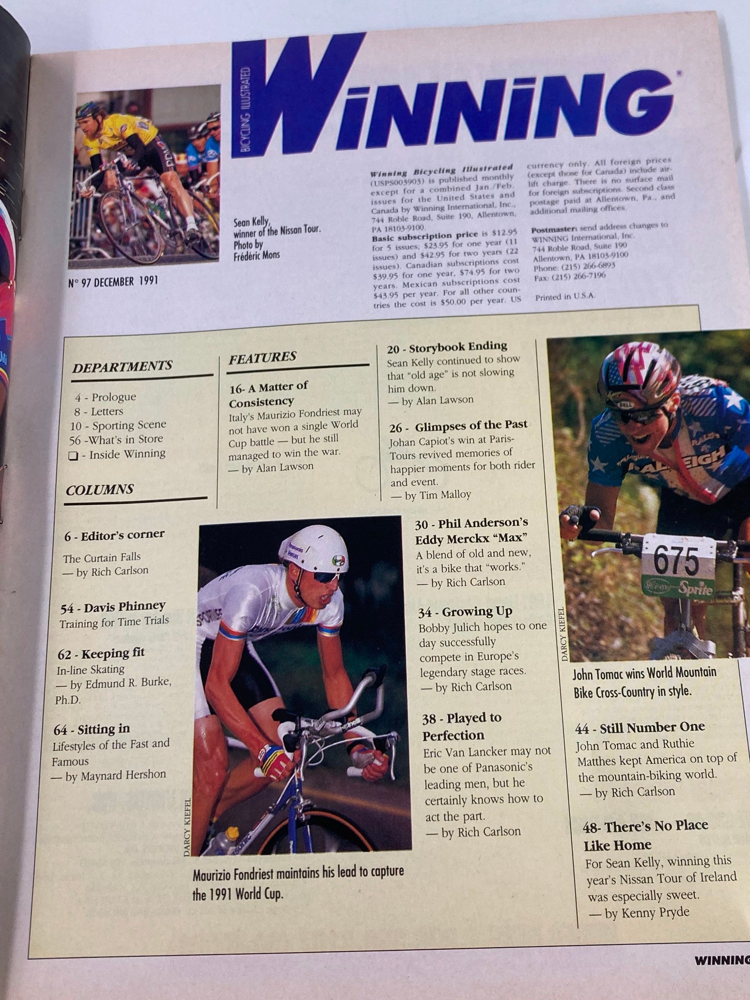 Inside page of Winning Bicycle Racing Illustrated December 1991 issue #97 showcasing articles, including features on Sean Kelly and Maurizio Fondriest, with a focus on cycling and race summaries.