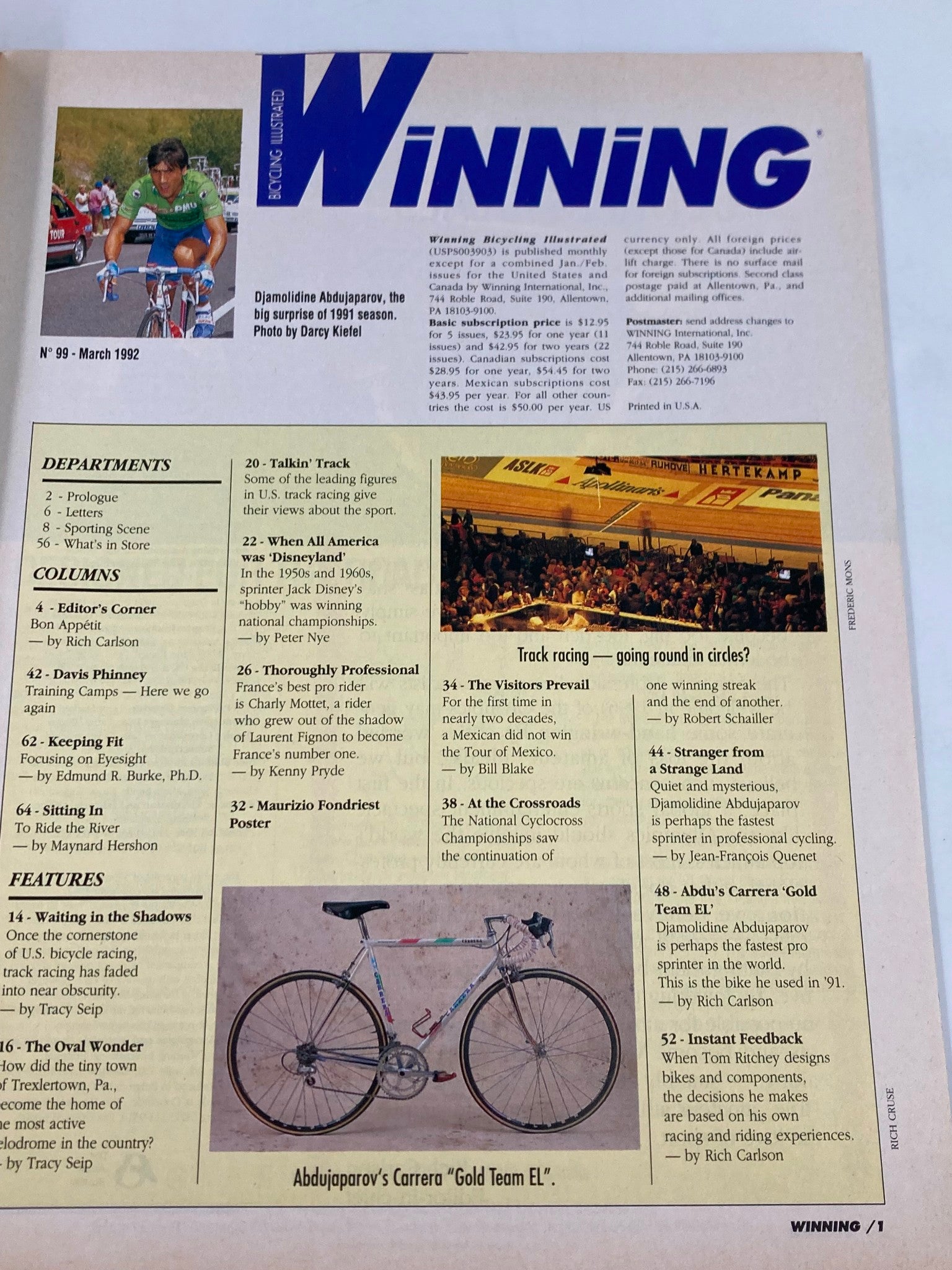 Winning Bicycle Racing Illustrated March 1992 #99 Djamolidine Adbujaparov