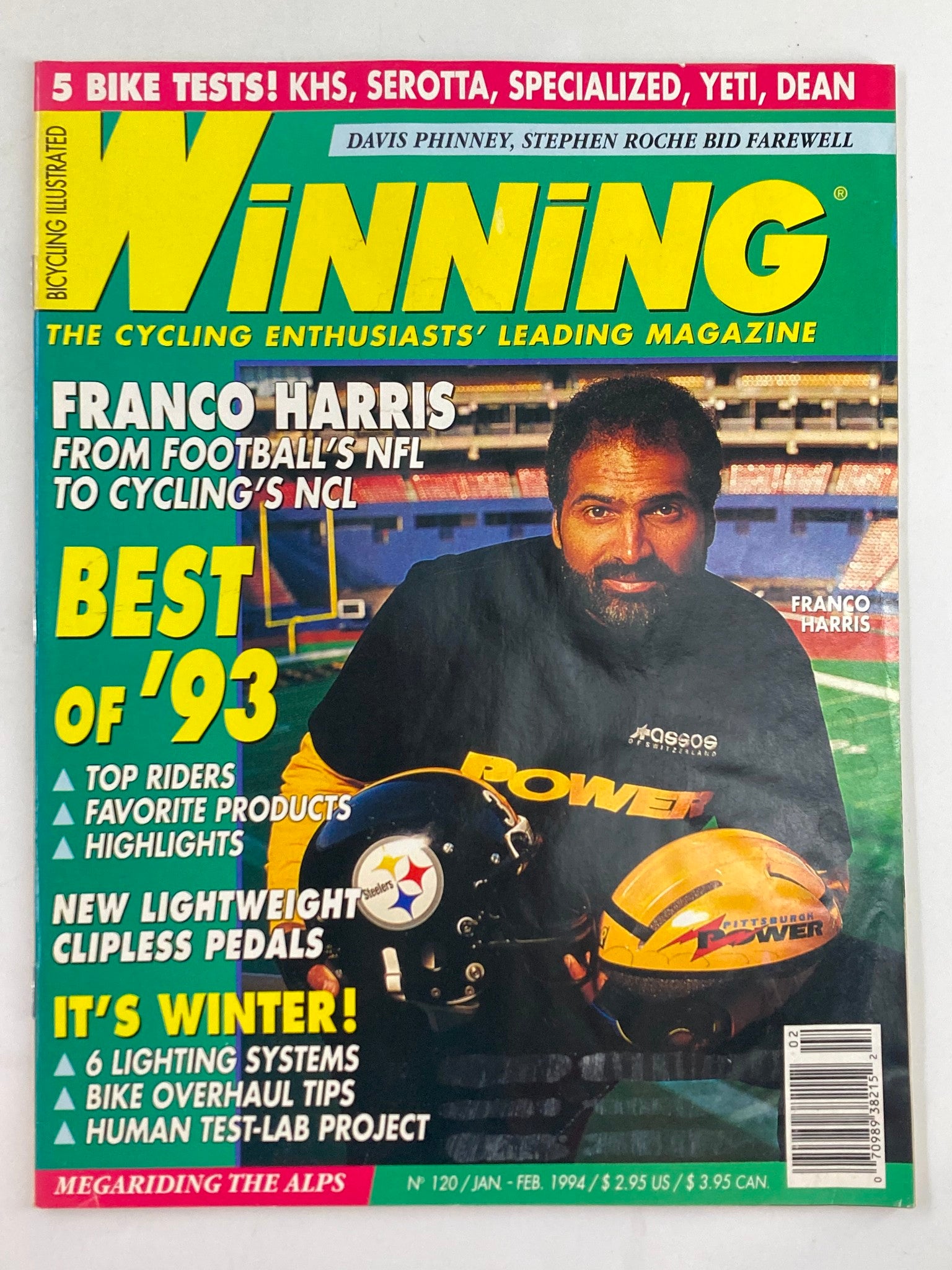 Cover of Winning Bicycle Racing Illustrated magazine from January 1994 featuring Franco Harris, highlighting the intersection of NFL and cycling sports.