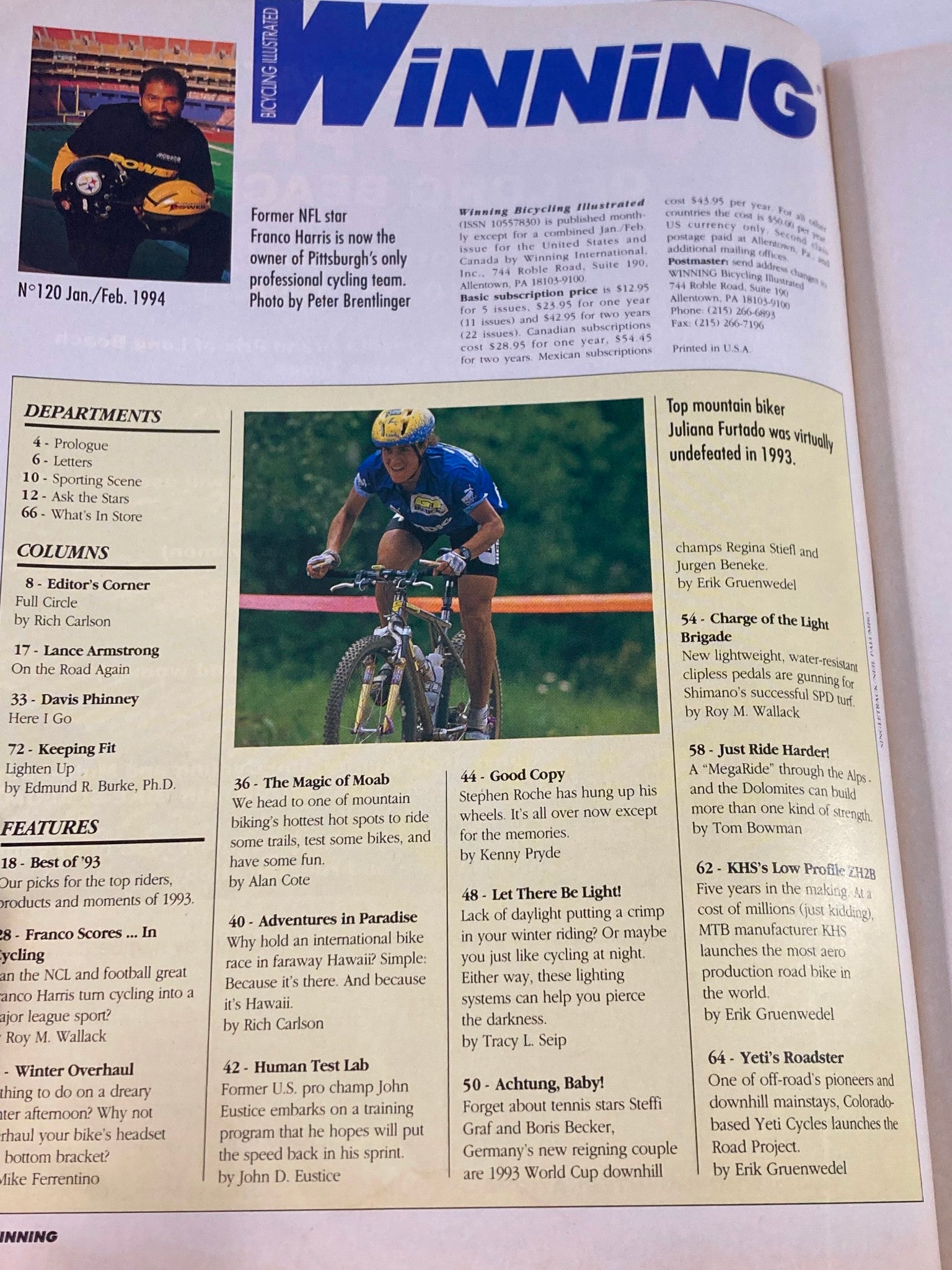 Inside page of Winning Bicycle Racing Illustrated January 1994 showcasing articles and features, including a mention of Franco Harris, the former NFL star turned cycling team member.
