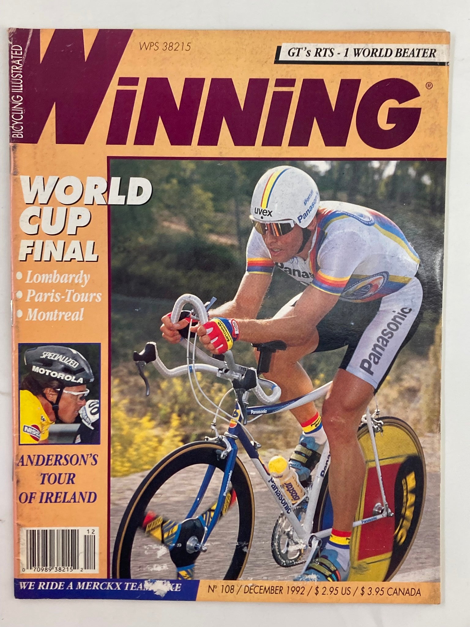 Cover of Winning Bicycle Racing Illustrated, December 1992, featuring Olaf Ludwig, World Cup winner. The magazine highlights bicycle racing events including Lombardy, Paris-Tours, and Montreal.