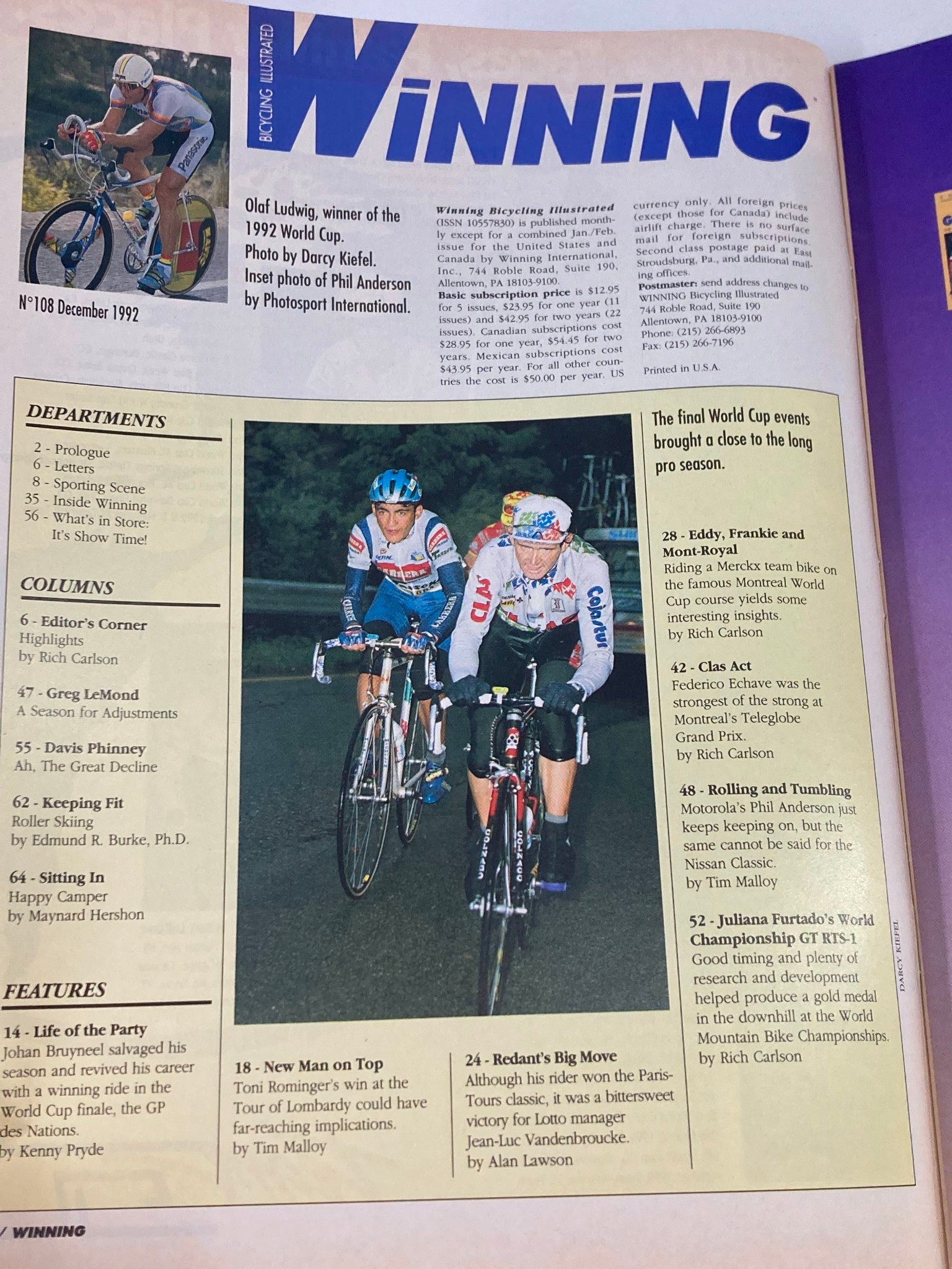 Interior page of Winning Bicycle Racing Illustrated, December 1992, highlighting Olaf Ludwig's victory and various cycling events. The layout includes editorial sections, columns, and features on prominent racers.