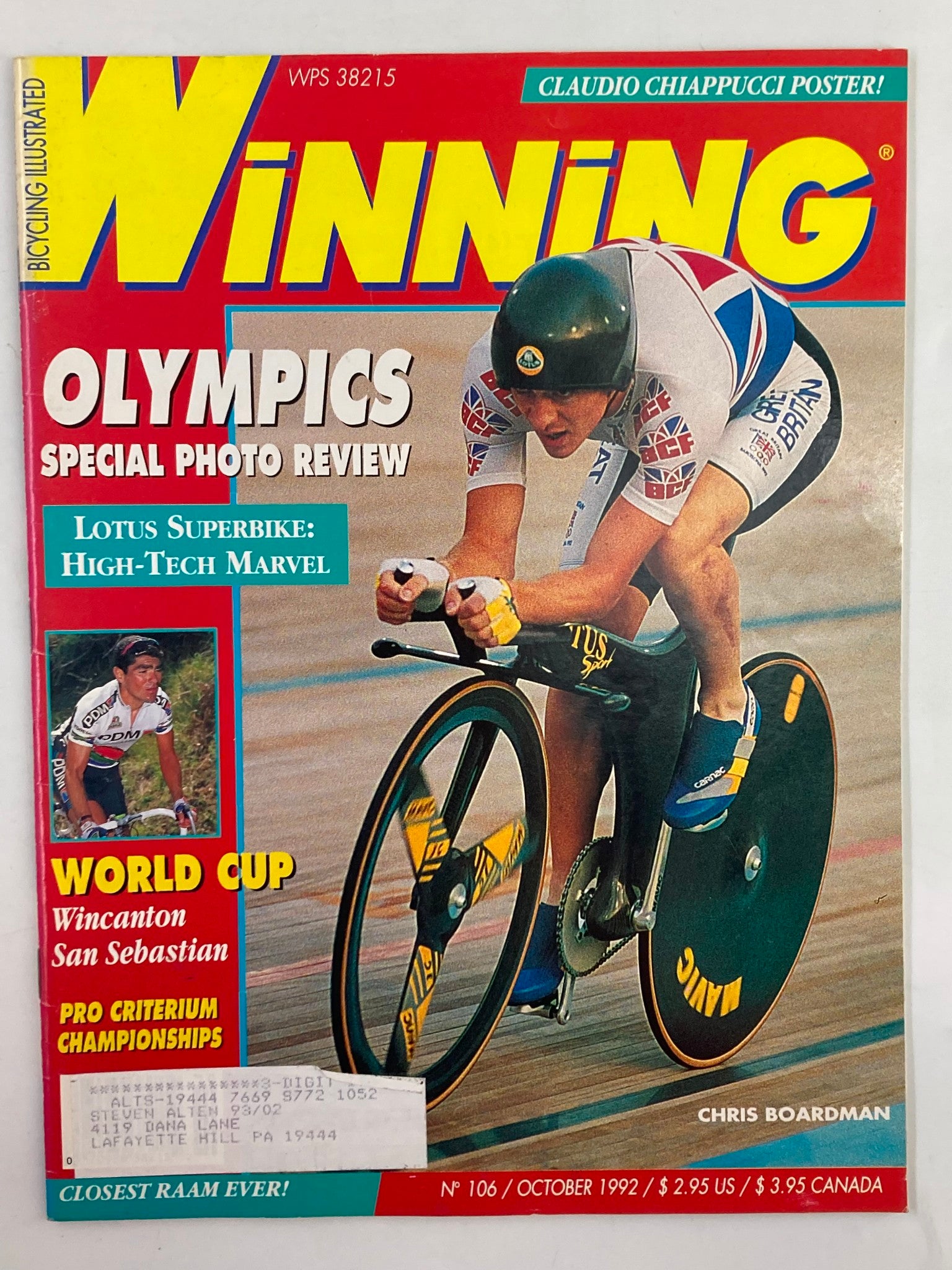 Winning Bicycle Racing Illustrated October 1992 #106 Medalist Chris Boardman