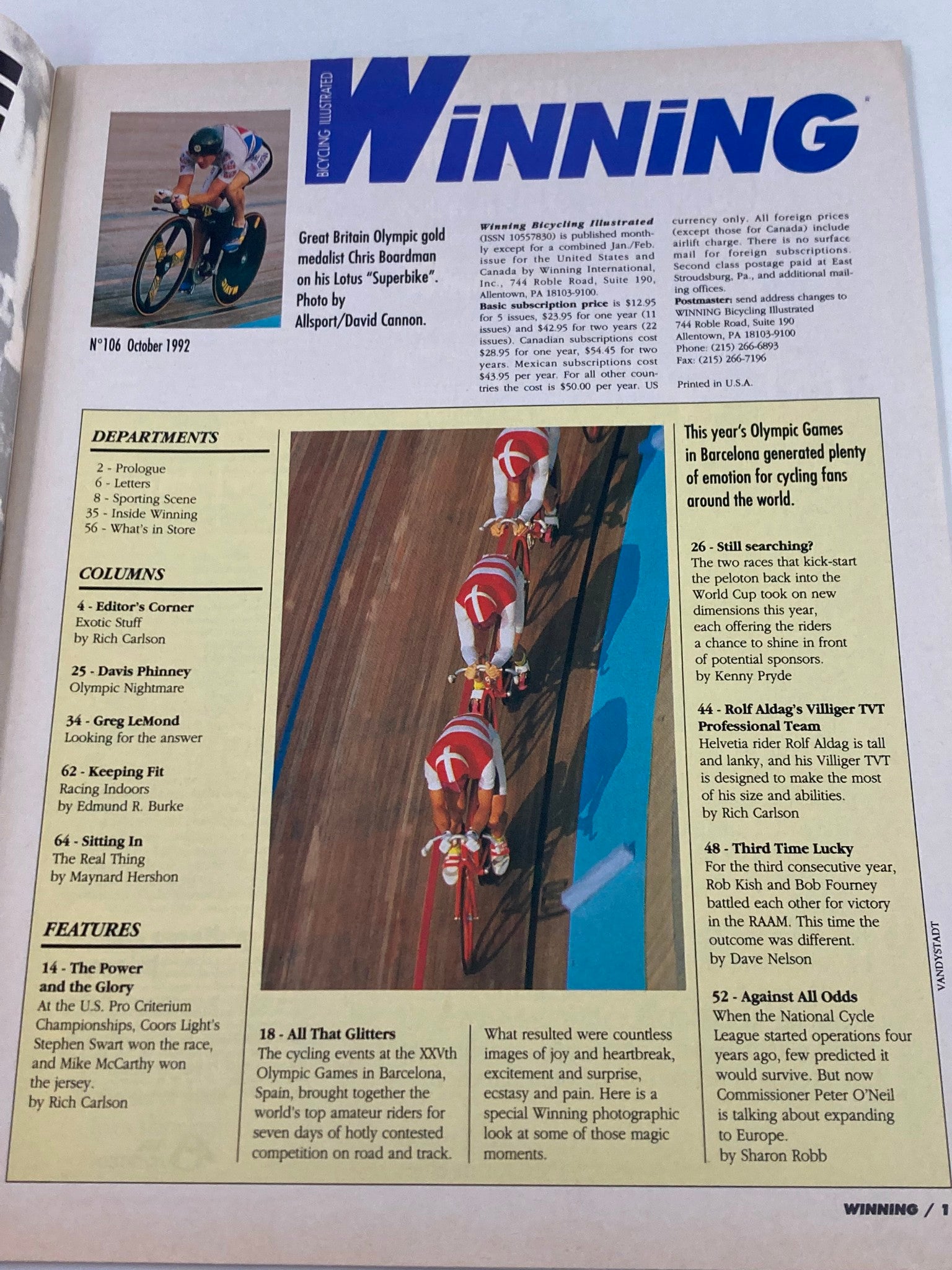 Winning Bicycle Racing Illustrated October 1992 #106 Medalist Chris Boardman