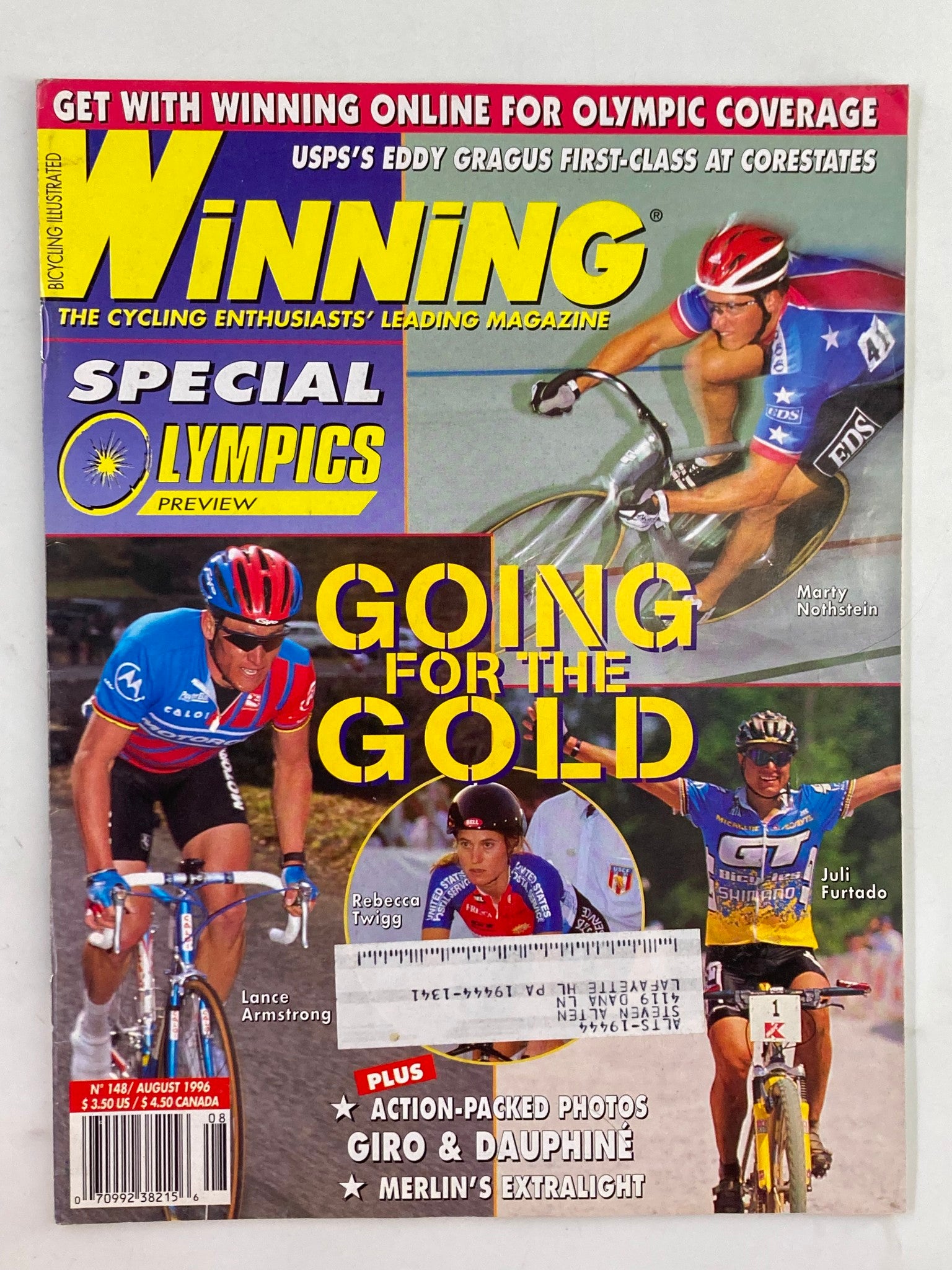 Cover of Winning Bicycle Racing Illustrated August 1996, featuring Lance Armstrong and Marty Nothstein, highlighting Olympic cycling preview and going for the gold theme.