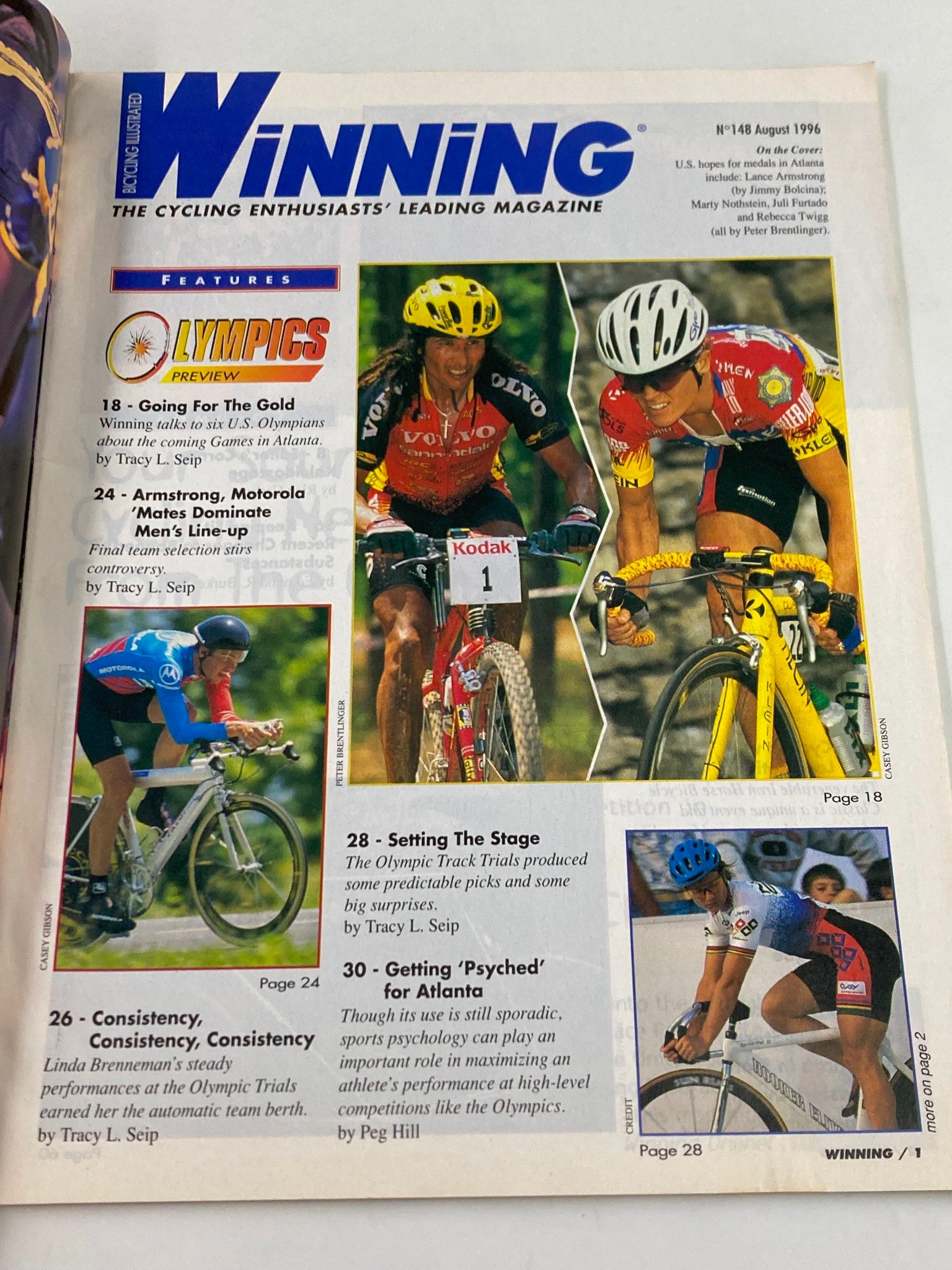 Cover of Winning Bicycle Racing Illustrated August 1996 No. 148 featuring images of cyclists and articles about the Olympics and Lance Armstrong.