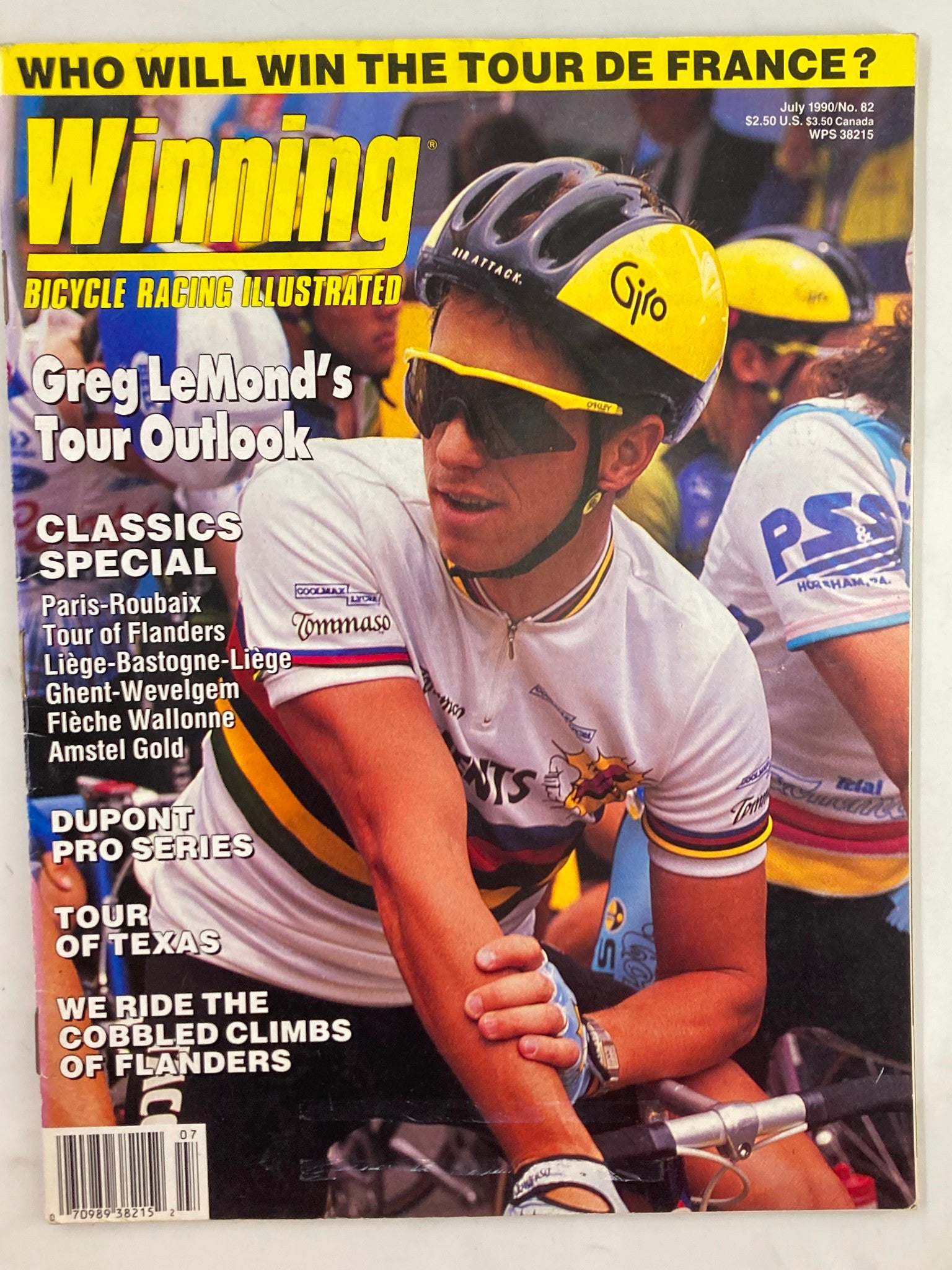Cover of Winning Bicycle Racing Illustrated July 1990 No. 82 featuring Greg LeMond's Tour Outlook, showcasing a cyclist in a Tommaso jersey and Giro helmet, surrounded by other cyclists in a competitive setting.