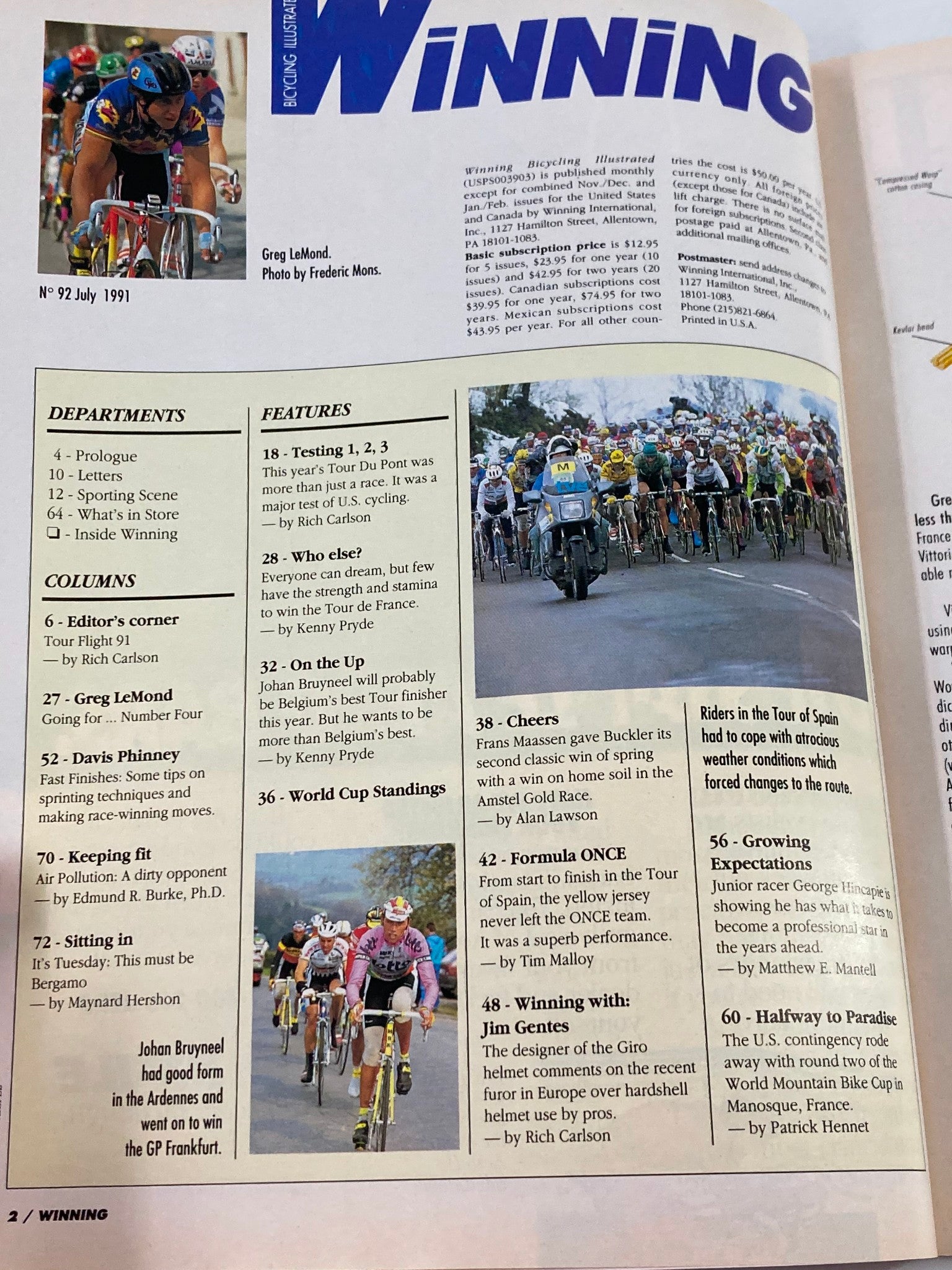 Inside page of Winning Bicycle Racing Illustrated, July 1991, showcasing features like Greg LeMond and Johan Bruyneel, with articles discussing cycling strategies and the 1991 racing season. The layout includes details on magazine departments and columns.