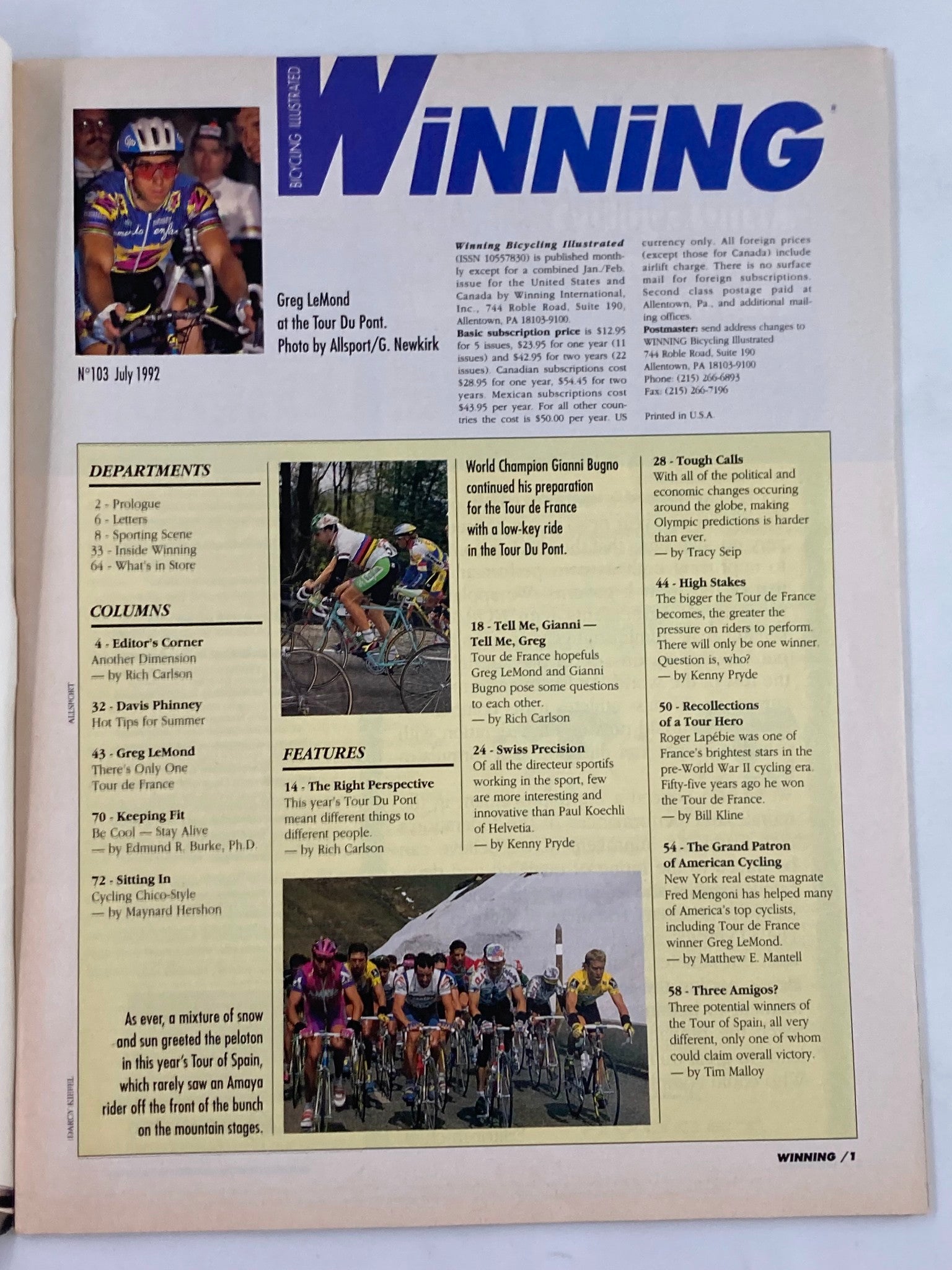 Winning Bicycle Racing Illustrated July 1992 No. 103 Greg LeMond Tour DuPont