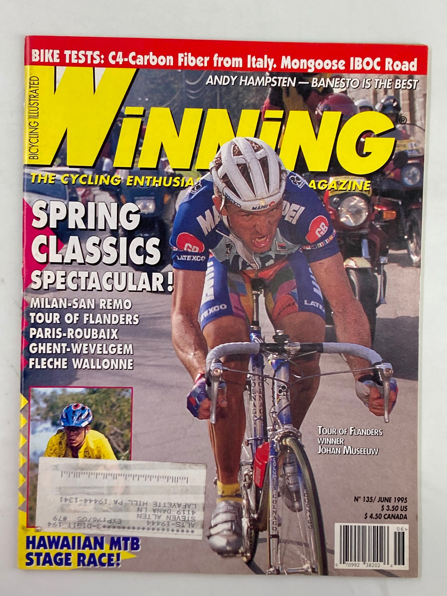 Winning Bicycle Racing Illustrated June 1995 featuring Johan Museeuw on the cover, showcasing cycling events like Milan-San Remo and Tour of Flanders, with vibrant colors and a dynamic action shot of a cyclist.